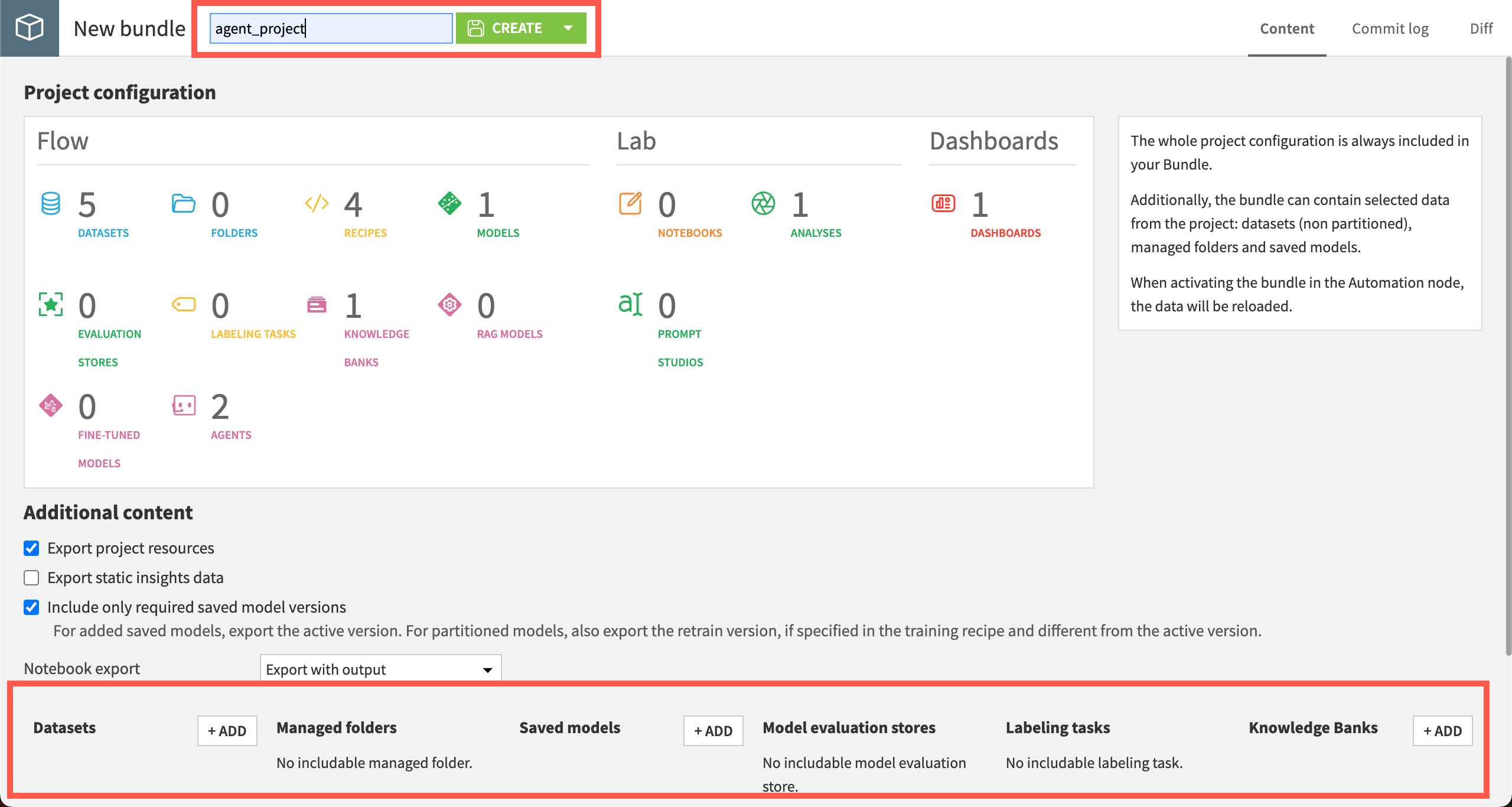 Dataiku screenshot showing the create bundle page.