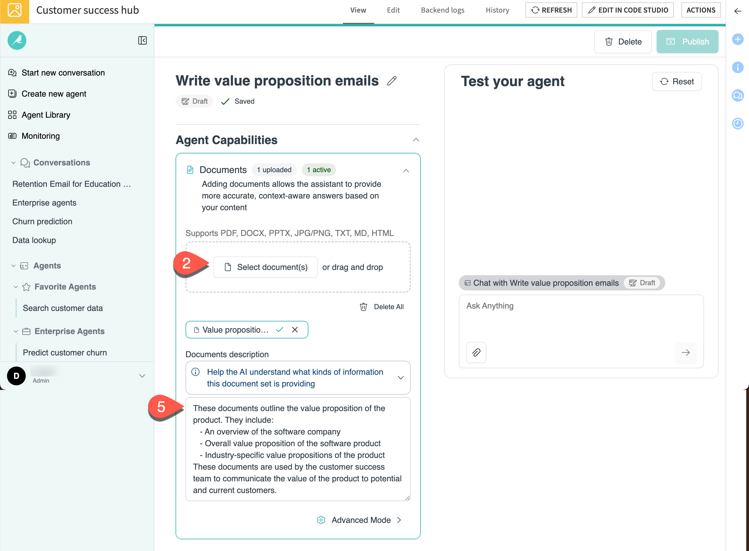 Screenshot showing steps to add documents to a My Agent.