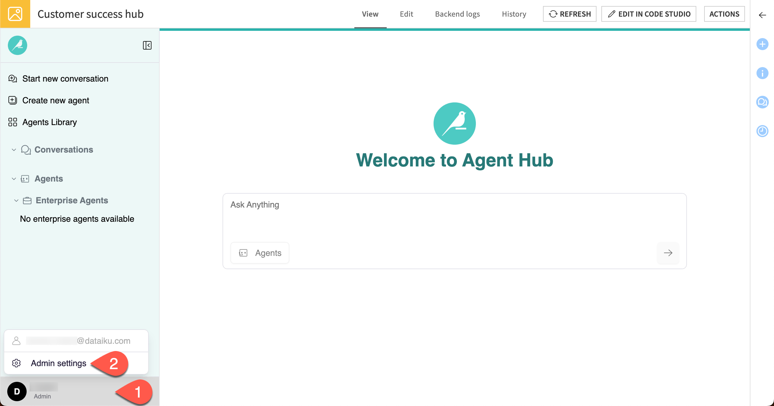 Screenshot showing how to navigate to the admin settings of Agent Hub.