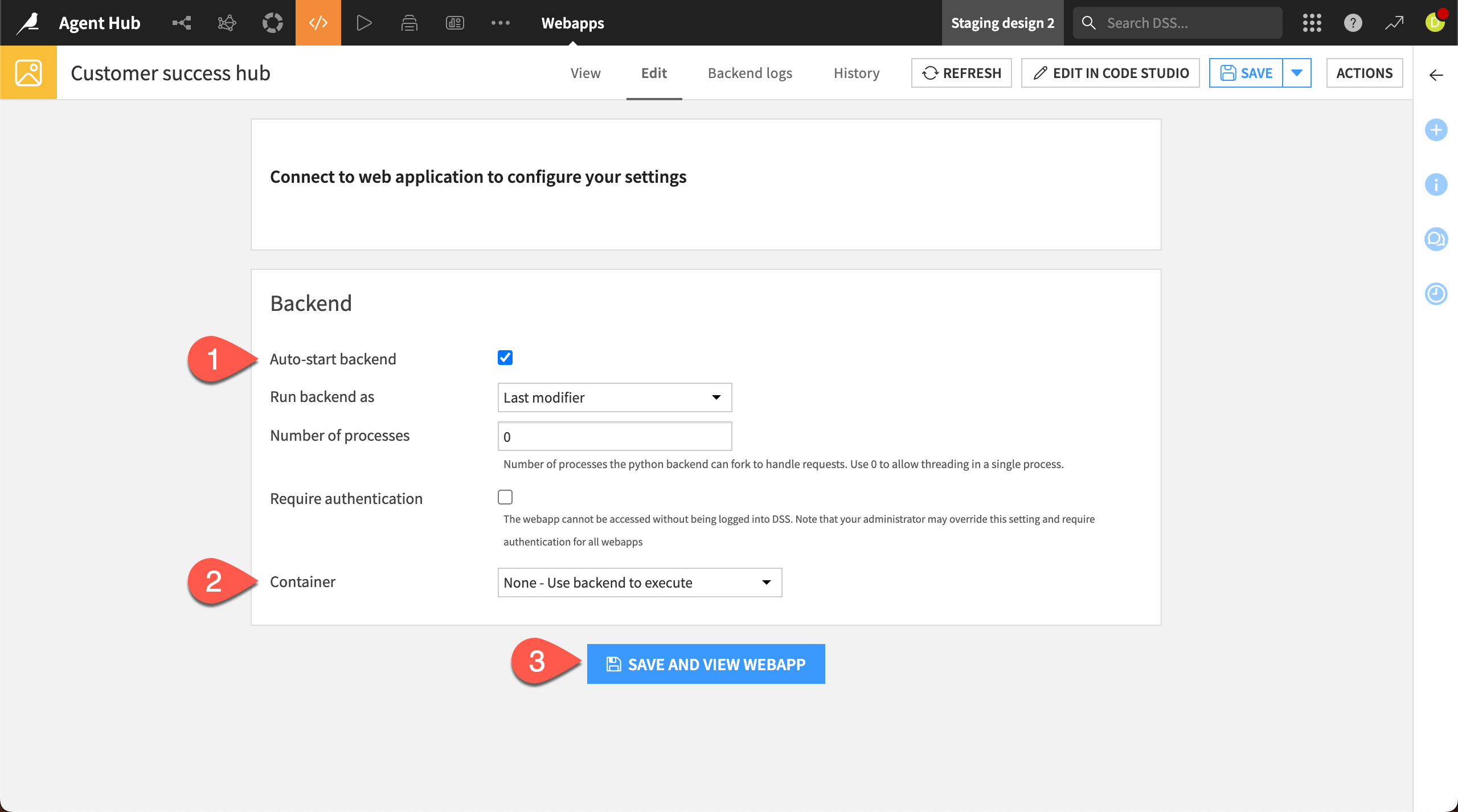 Screenshot showing how to set up backend settings in Agent Hub.
