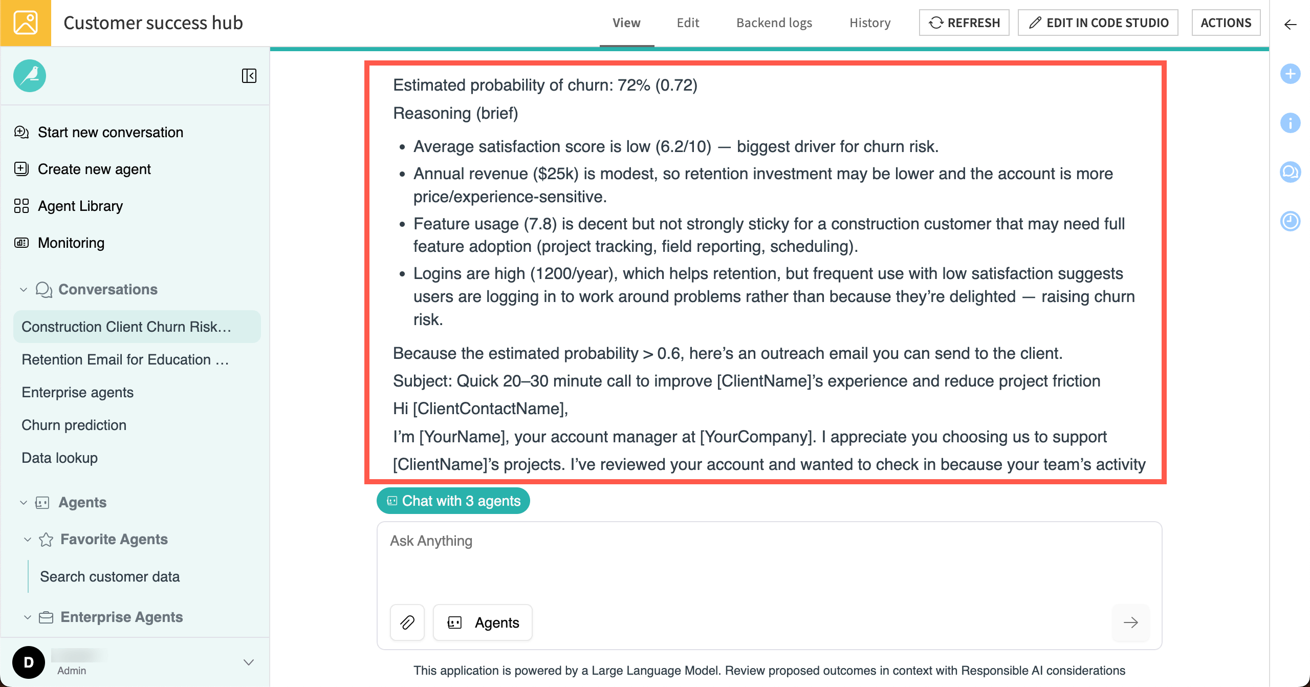 Screenshot showing the response from a chat with all 3 agents.