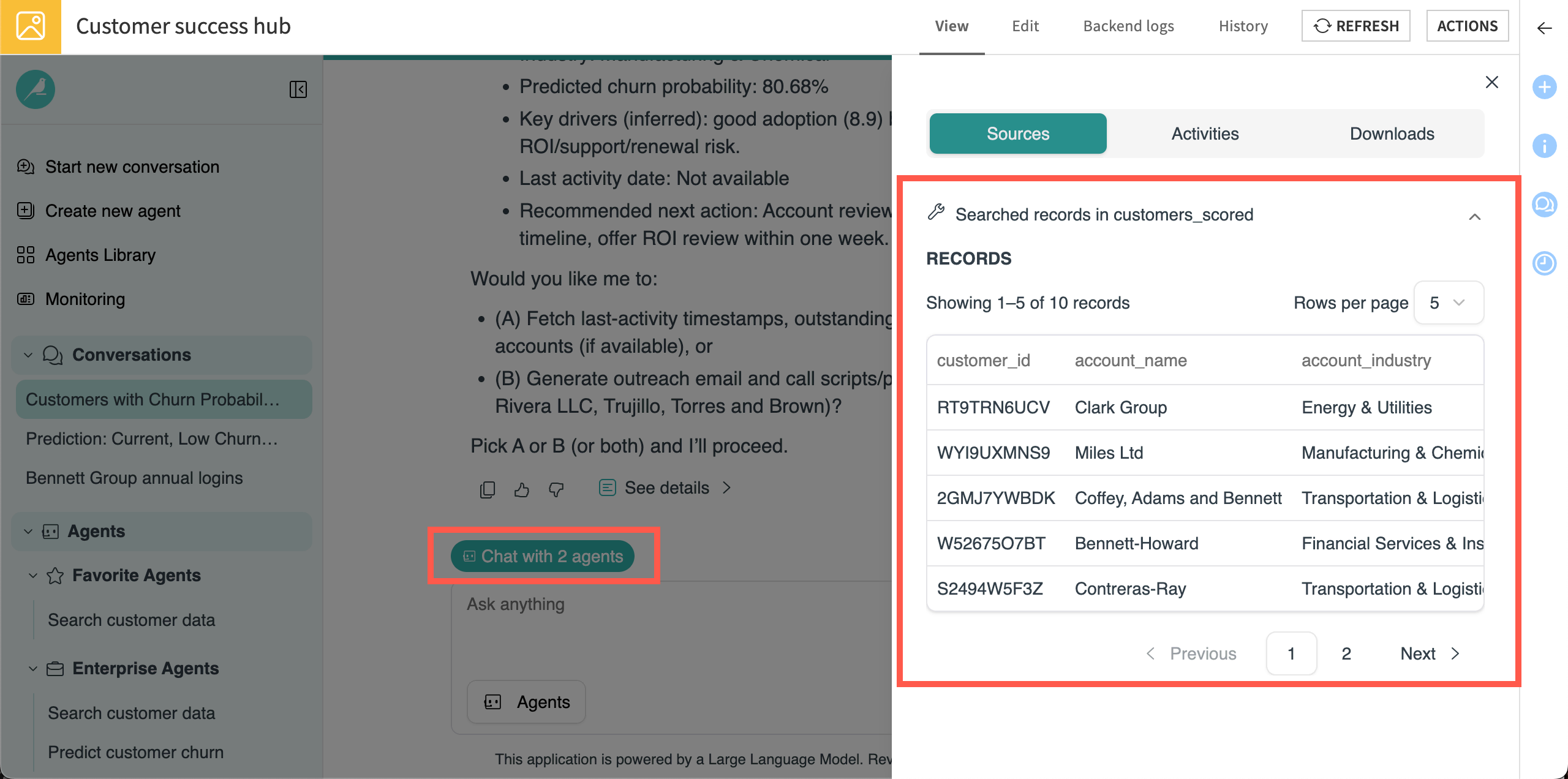 Screenshot showing results of a chat with both agents.