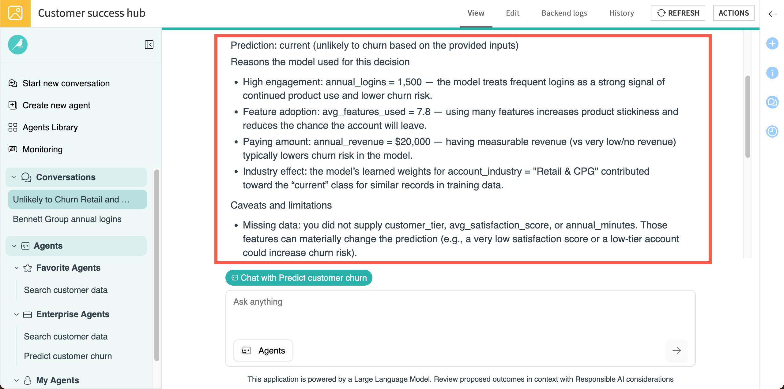 Screenshot showing a response from the churn prediction agent.