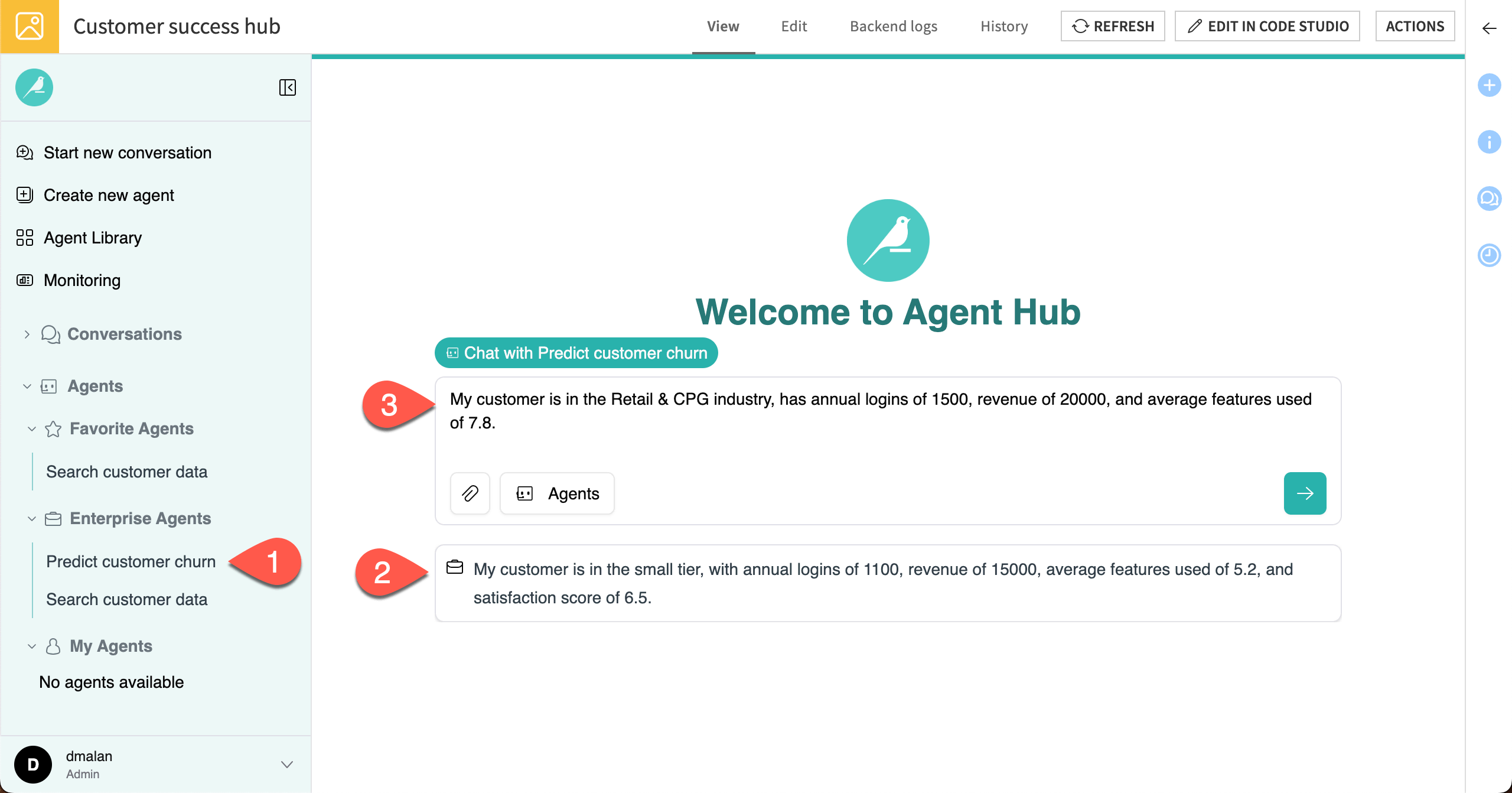 Screenshot showing chat with the churn prediction agent.