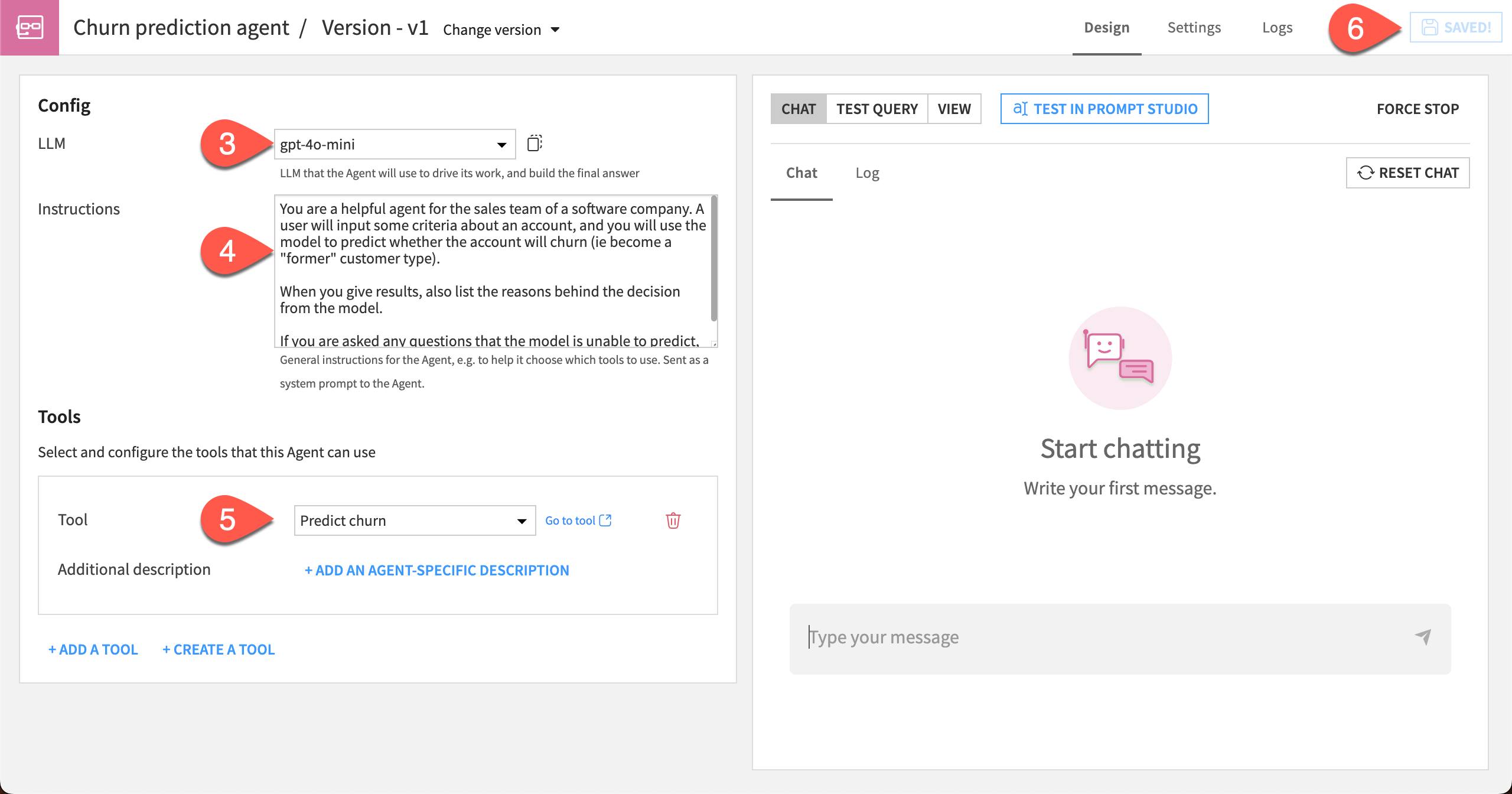 Screenshot showing configuration of the churn prediction agent.
