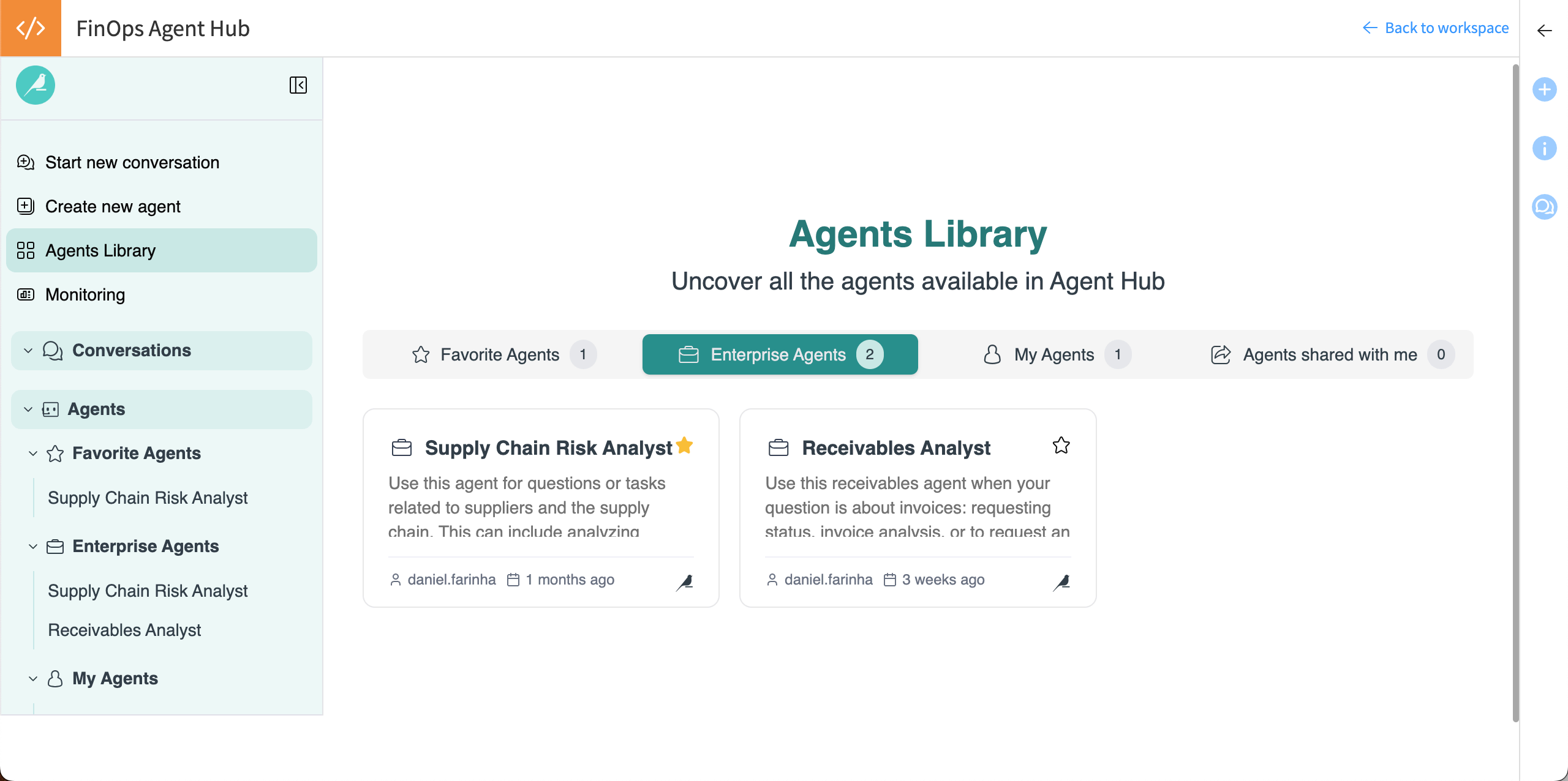 The Agents Library provides access to all agents available in the hub.