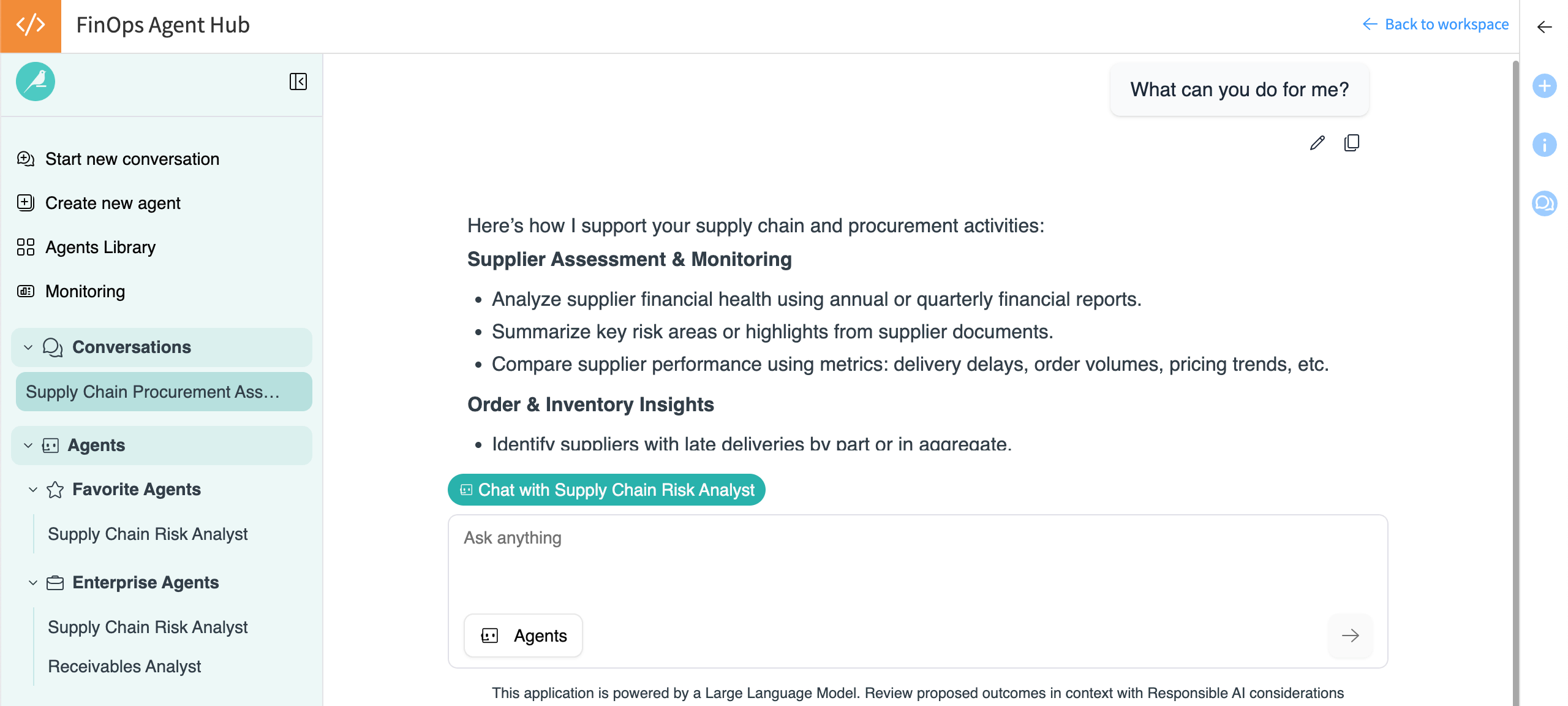 The Agent Hub provides options to chat with one or more agents.