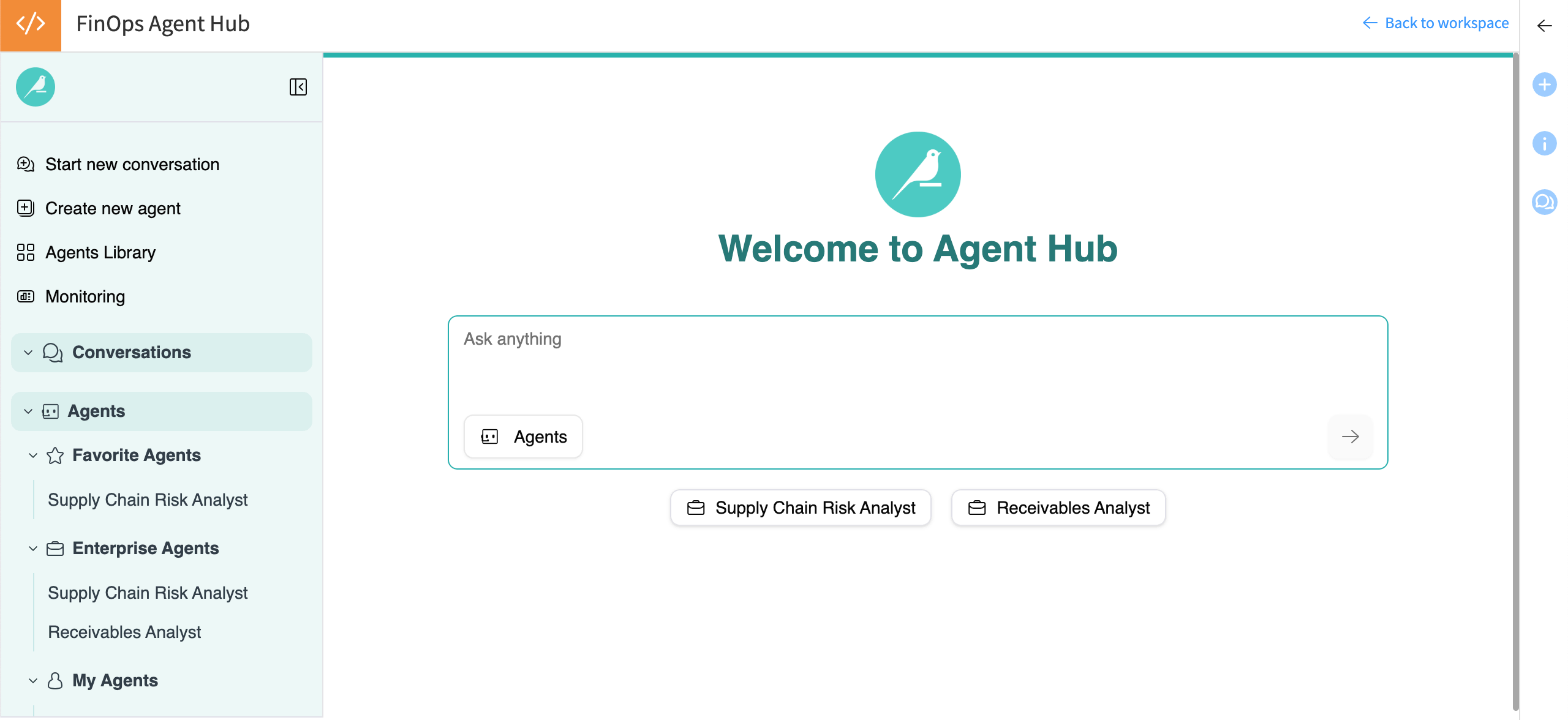 The Agent Hub is a webapp that provides access to chat with selected agents.