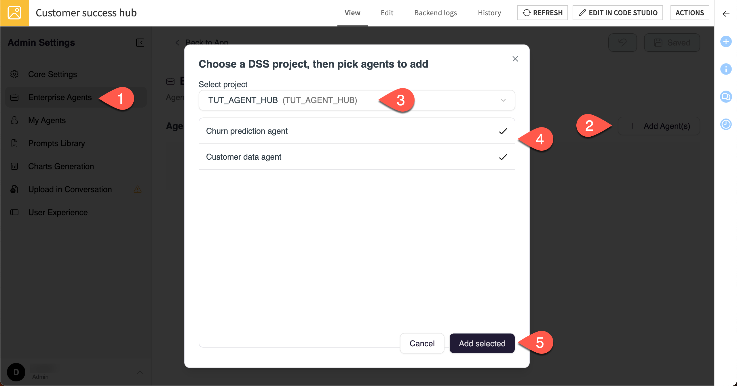 Screenshot showing how to set up enterprise agent connections in Agent Hub.