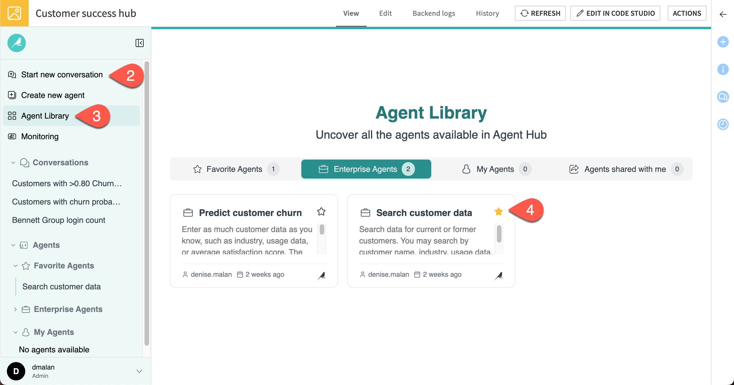 Screenshot showing the Agents Library.