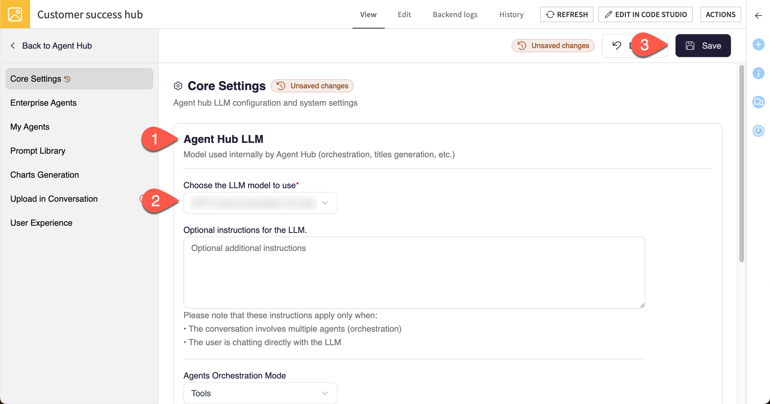 Screenshot showing how to set up LLM connections in Agent Hub.