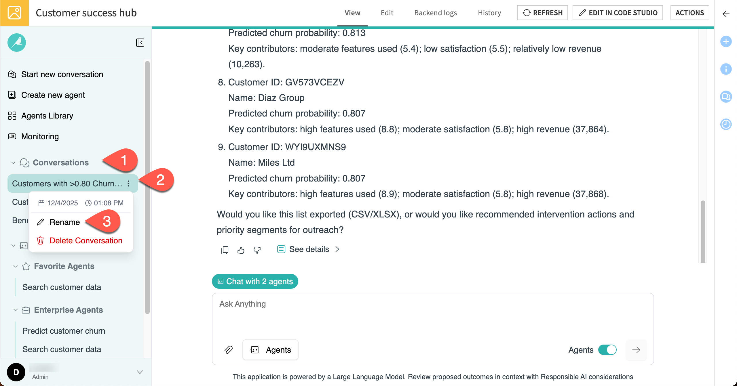 Screenshot showing results of a chat with both agents.