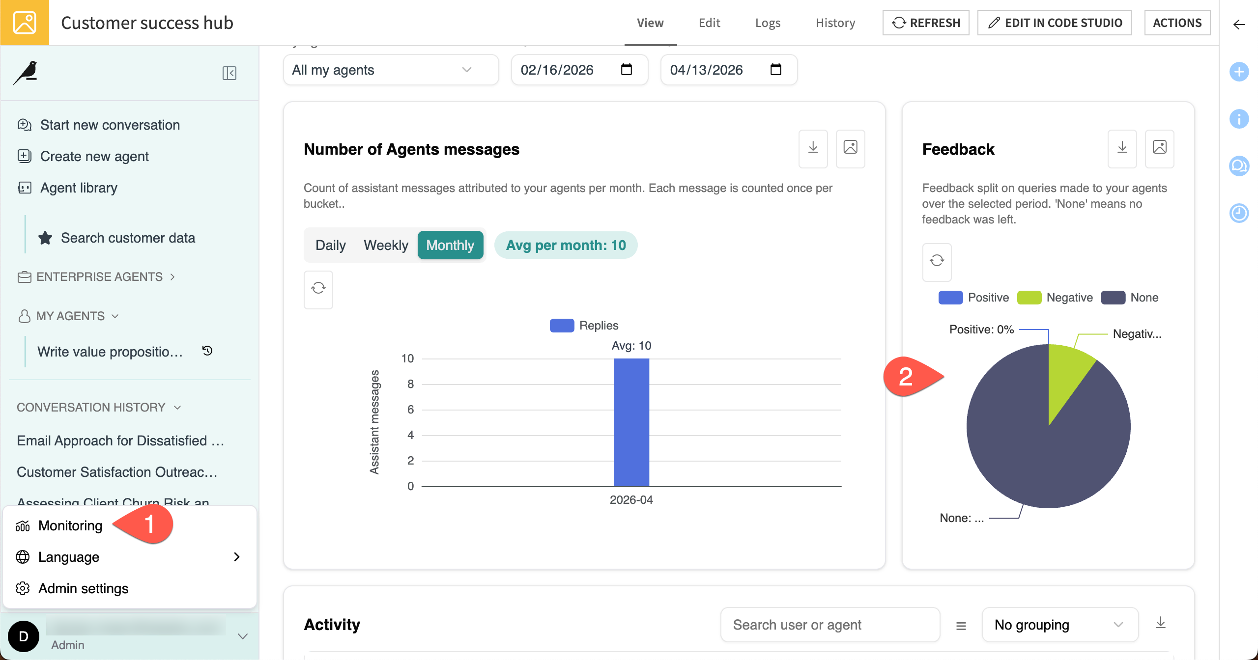 Screenshot showing the steps to send feedback on agent responses.