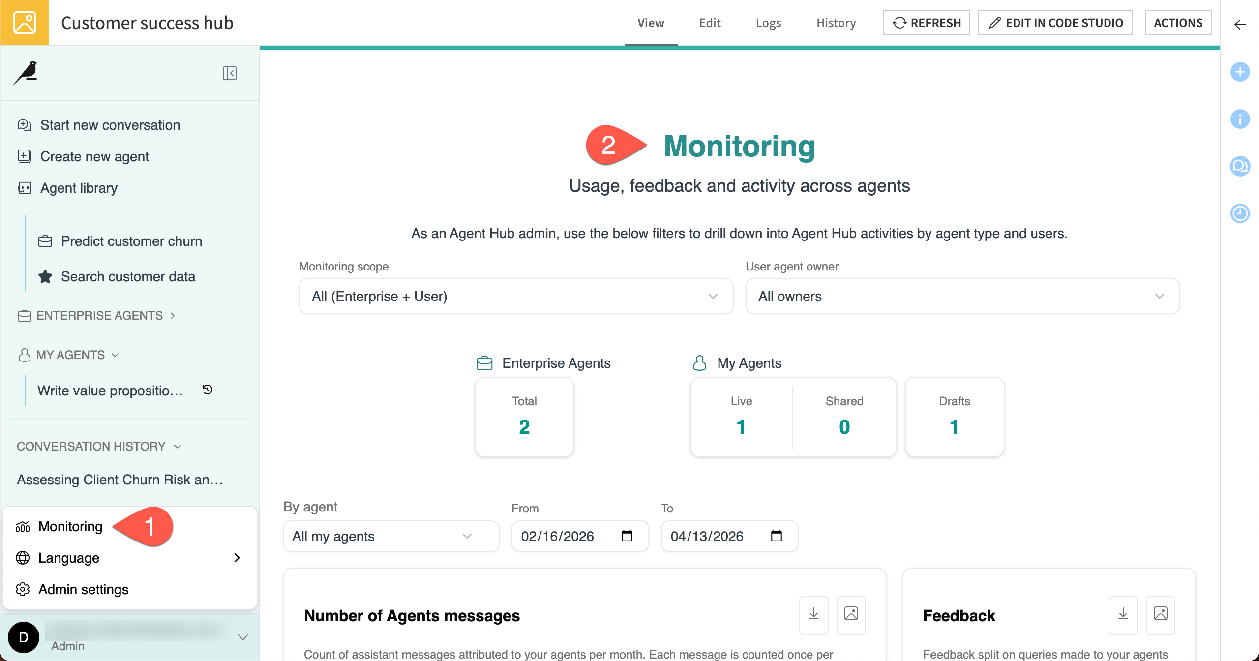 Screenshot showing the built-in monitoring dashboard in Agent Hub.