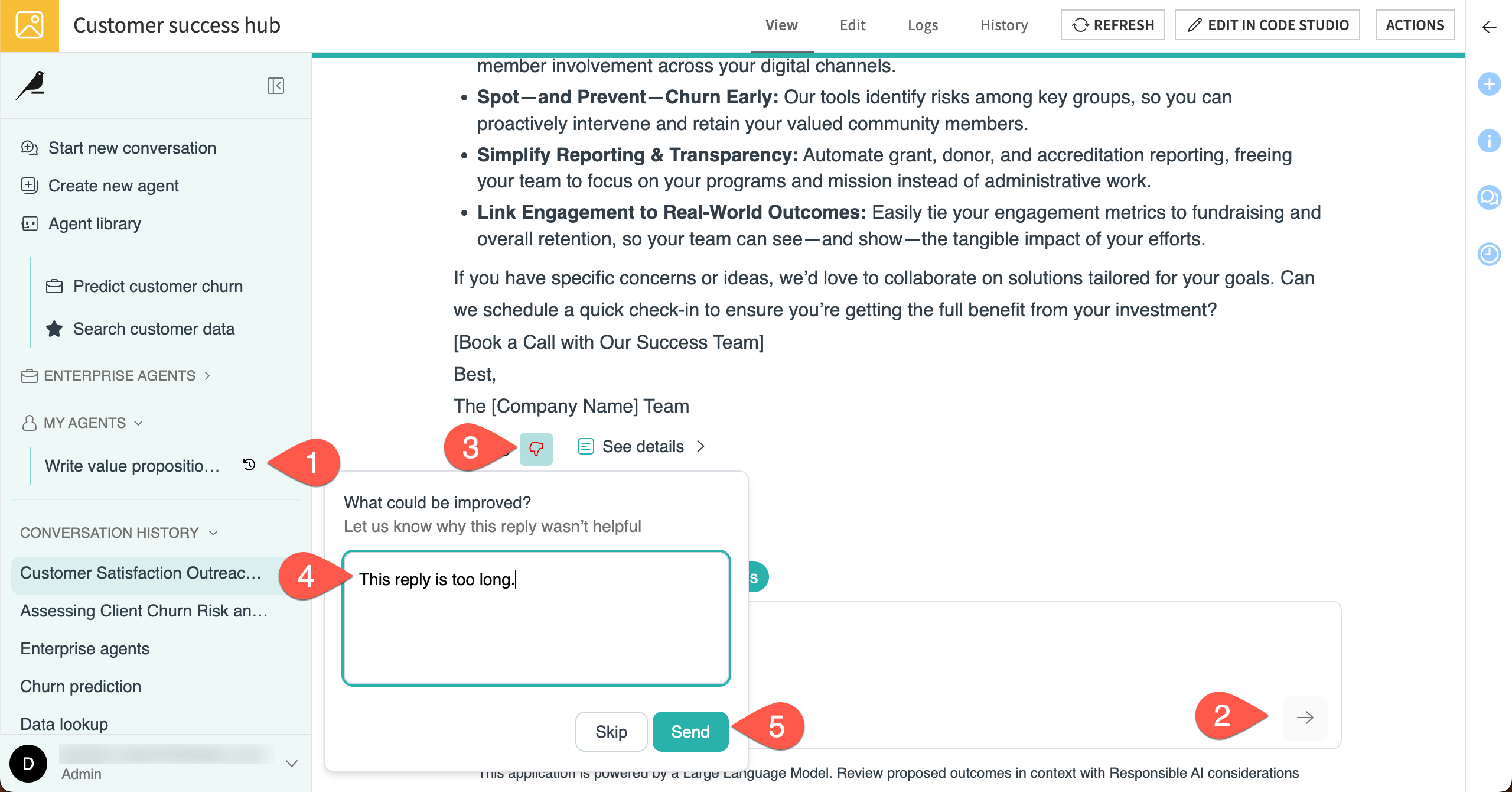 Screenshot showing the steps to send feedback on agent responses.
