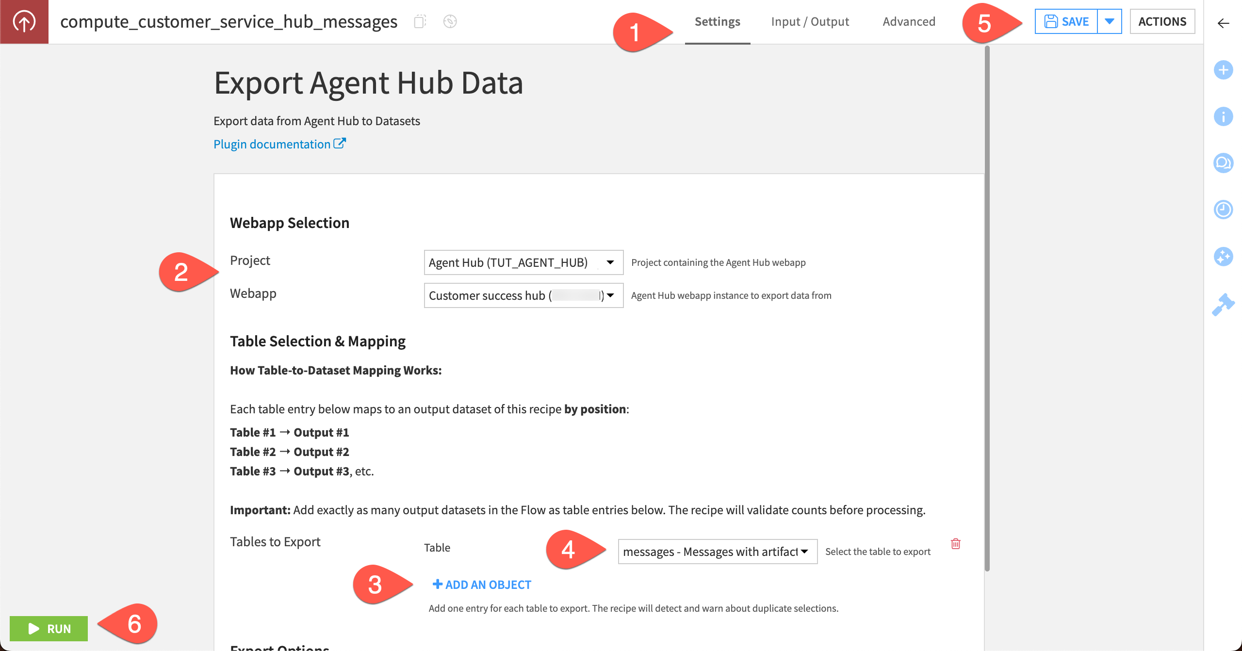 Screenshot showing the recipe settings for Export Agent Hub Data recipe.