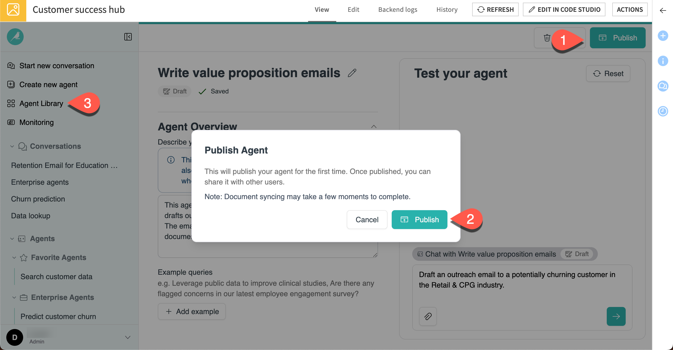 Screenshot showing how to publish the My Agent.