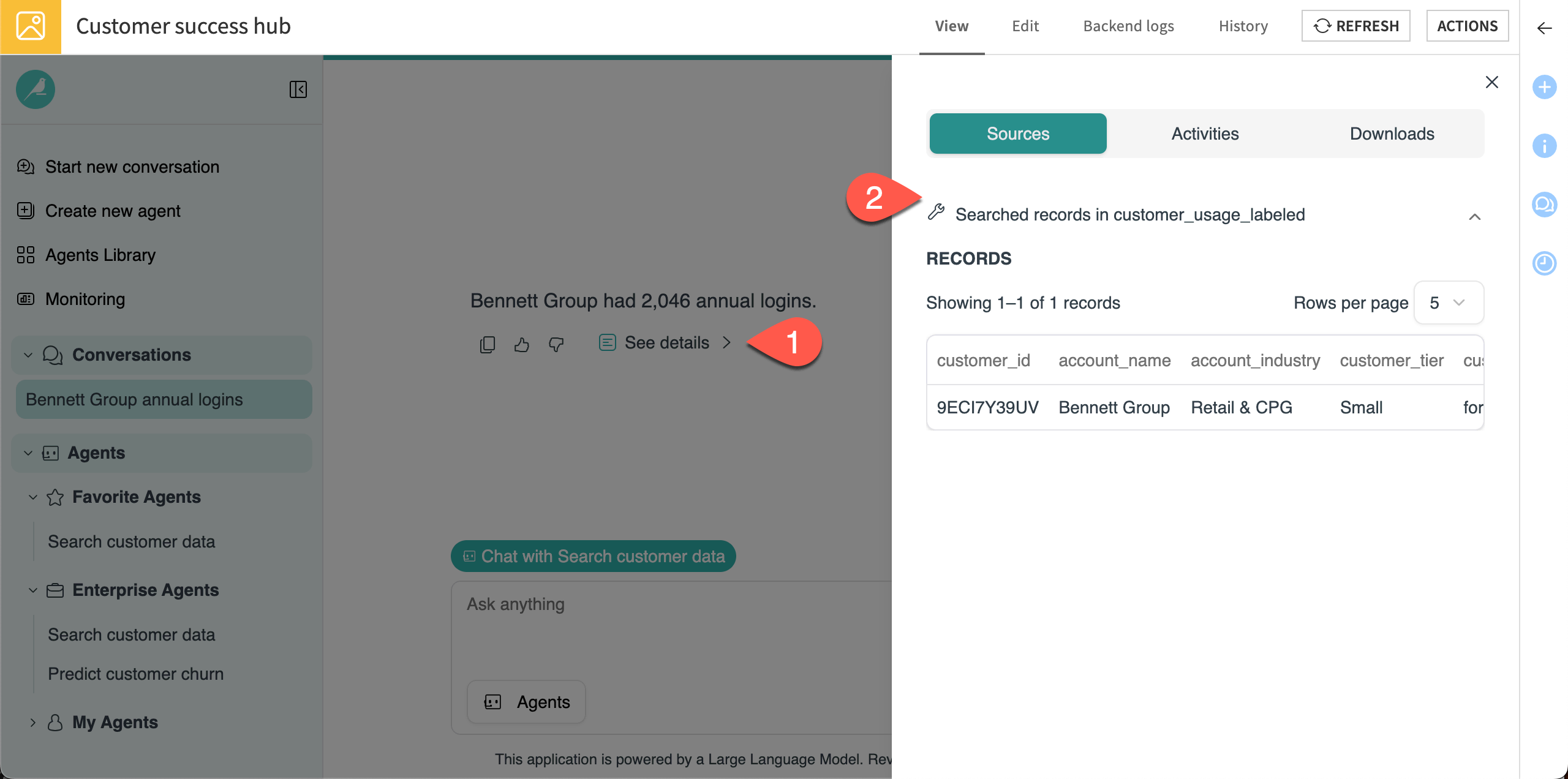 Screenshot showing how to review an agent's response.