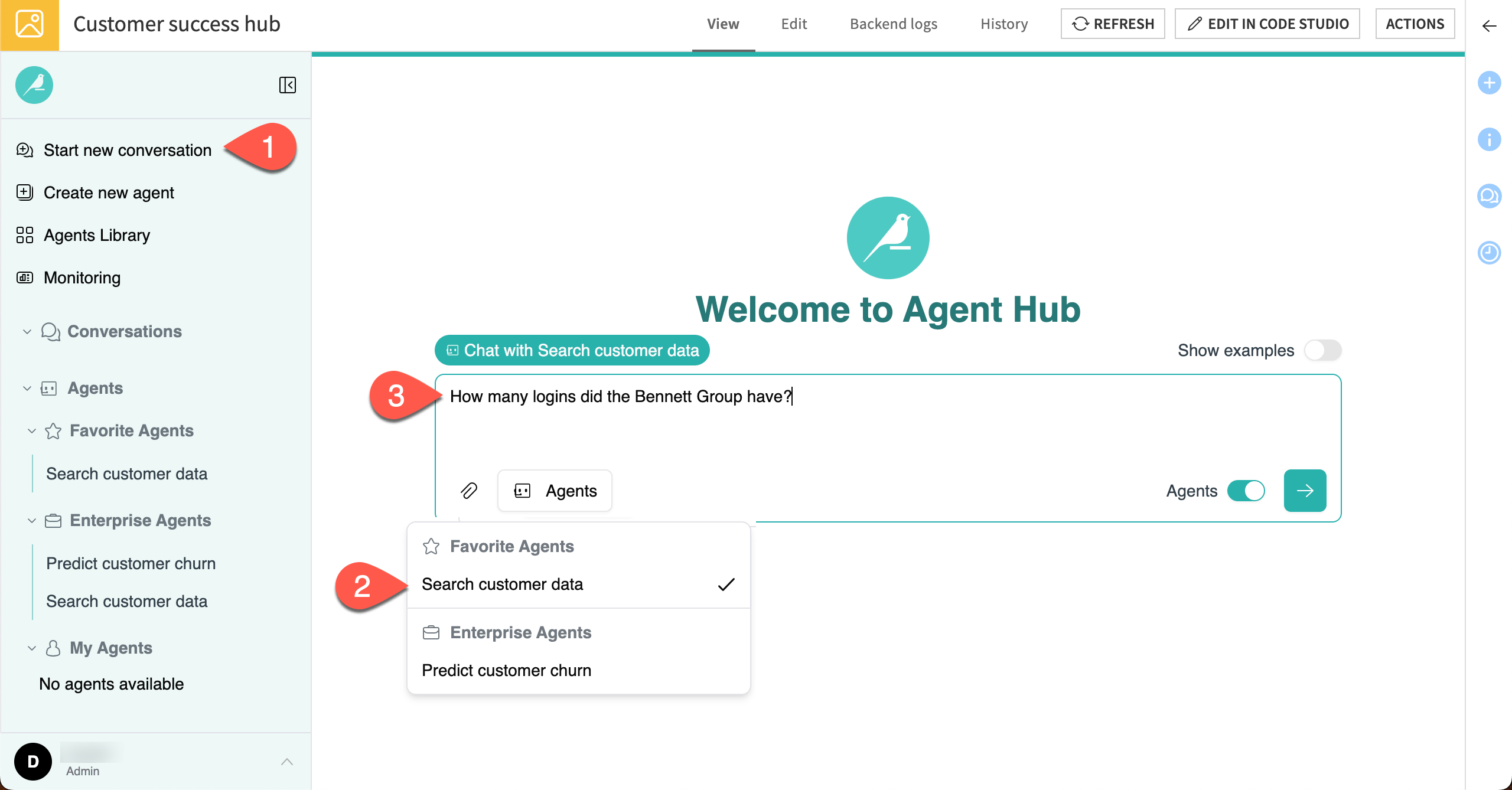 Screenshot showing a chat with the Search customer data agent.