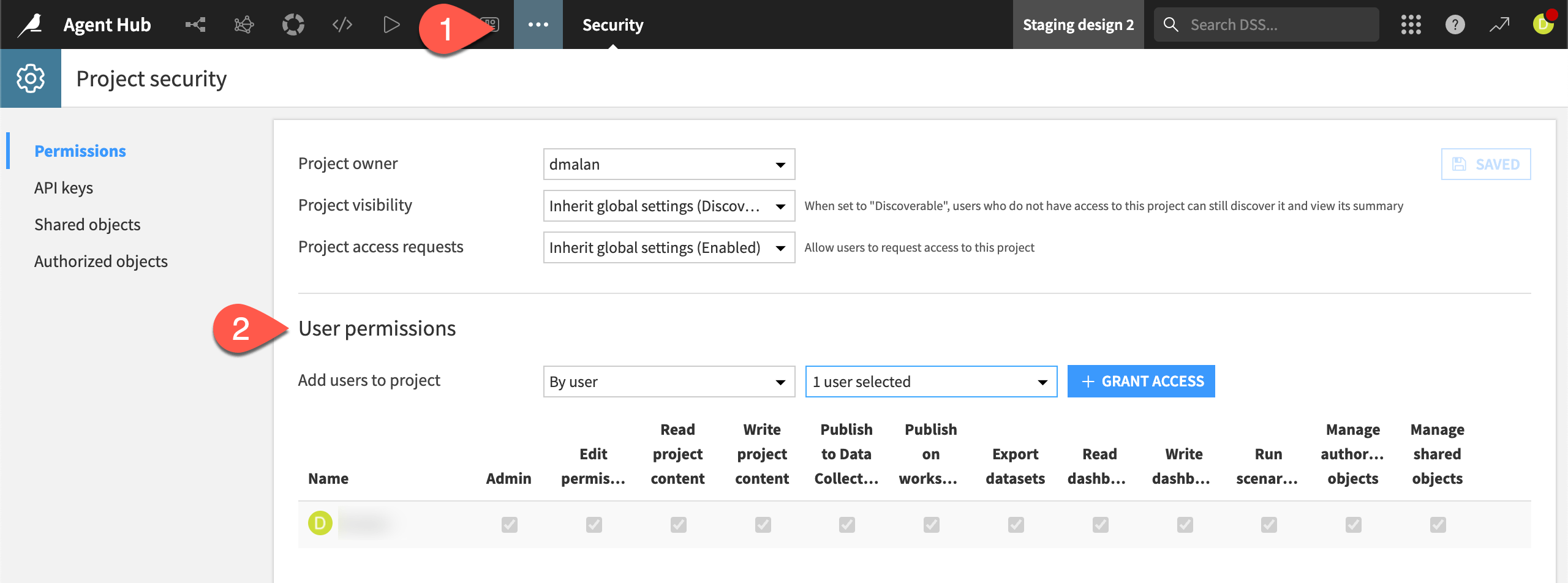Screenshot showing the security settings to share a project.
