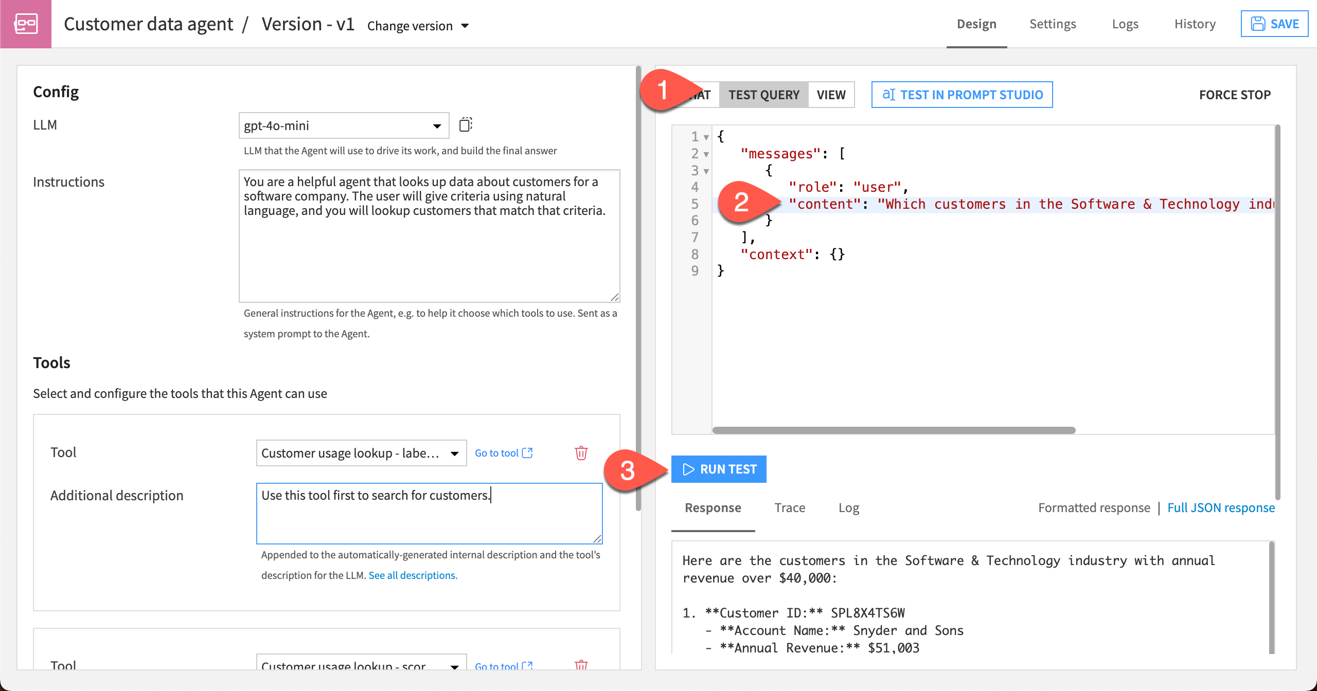 Screenshot showing how to test the customer data agent.