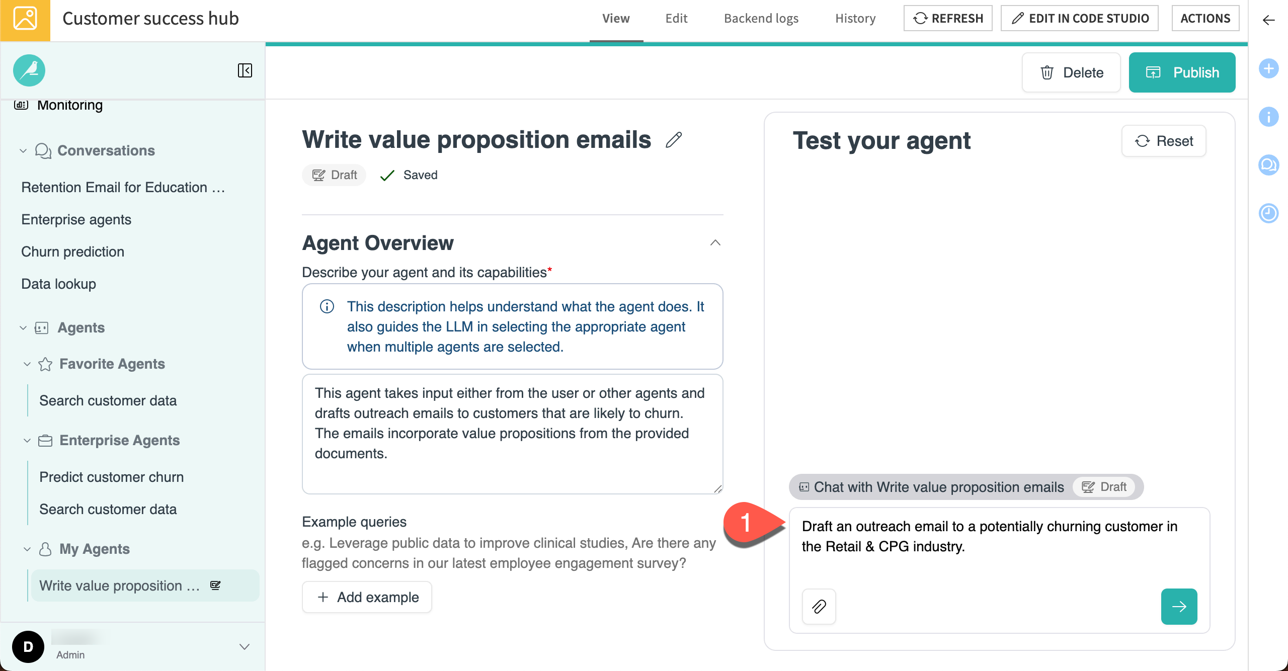 Screenshot showing how to test the My Agent.