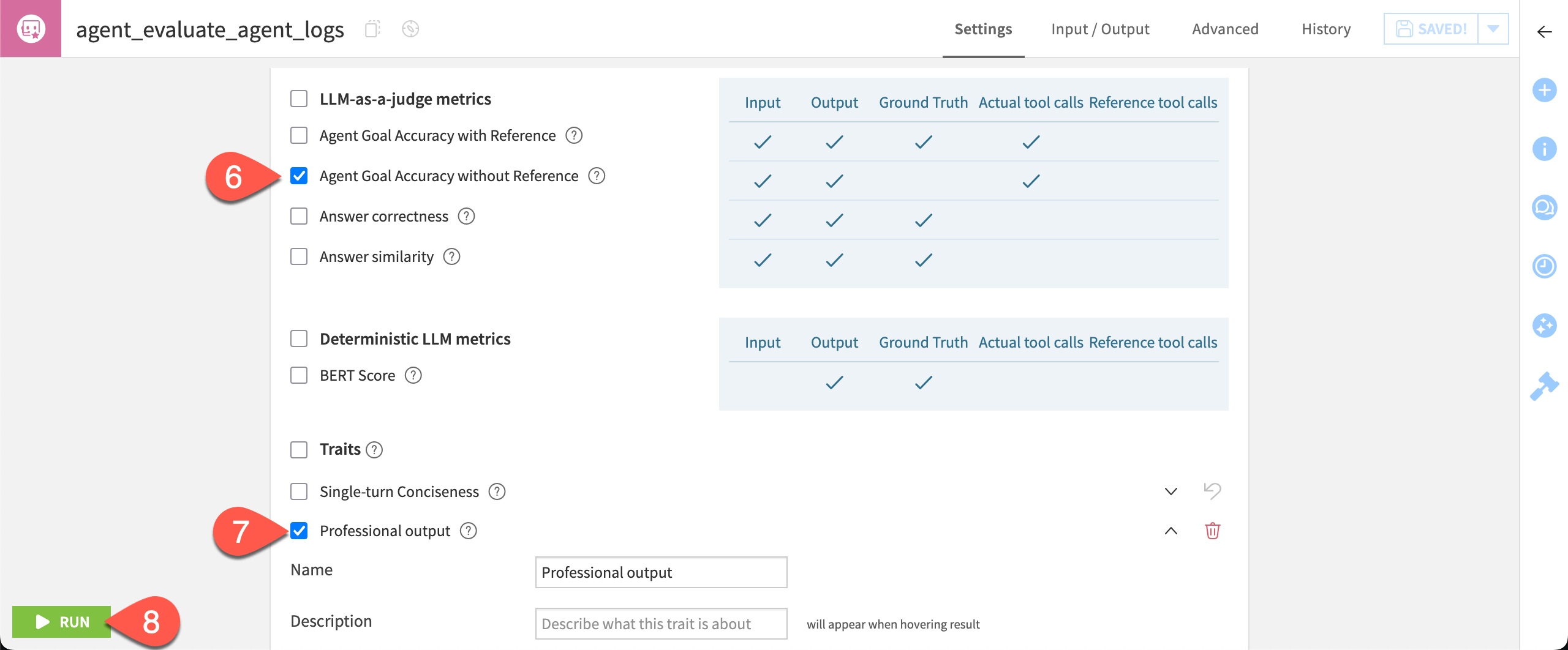 Dataiku screenshot of an Evaluate Agent recipe on logs.