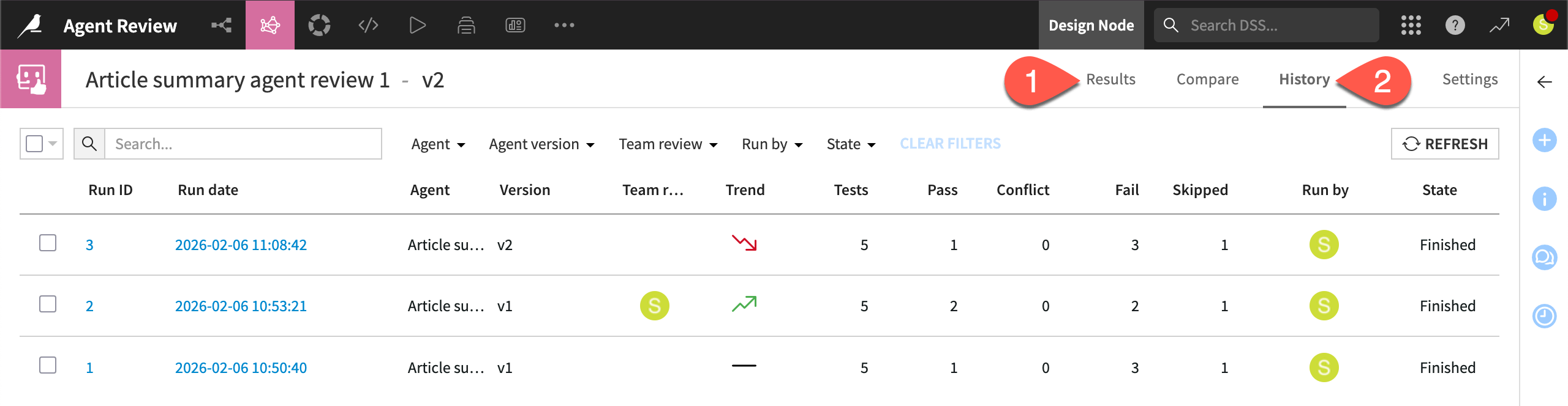 Dataiku screenshot of the History tab of an agent review.
