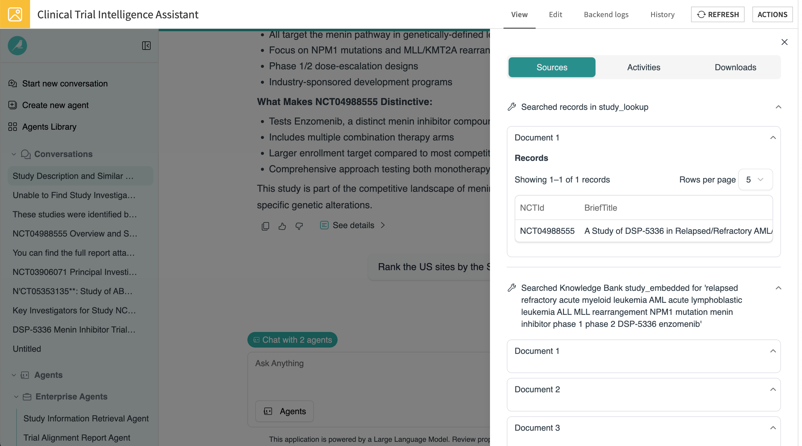 Dataiku screenshot of agent hub activities