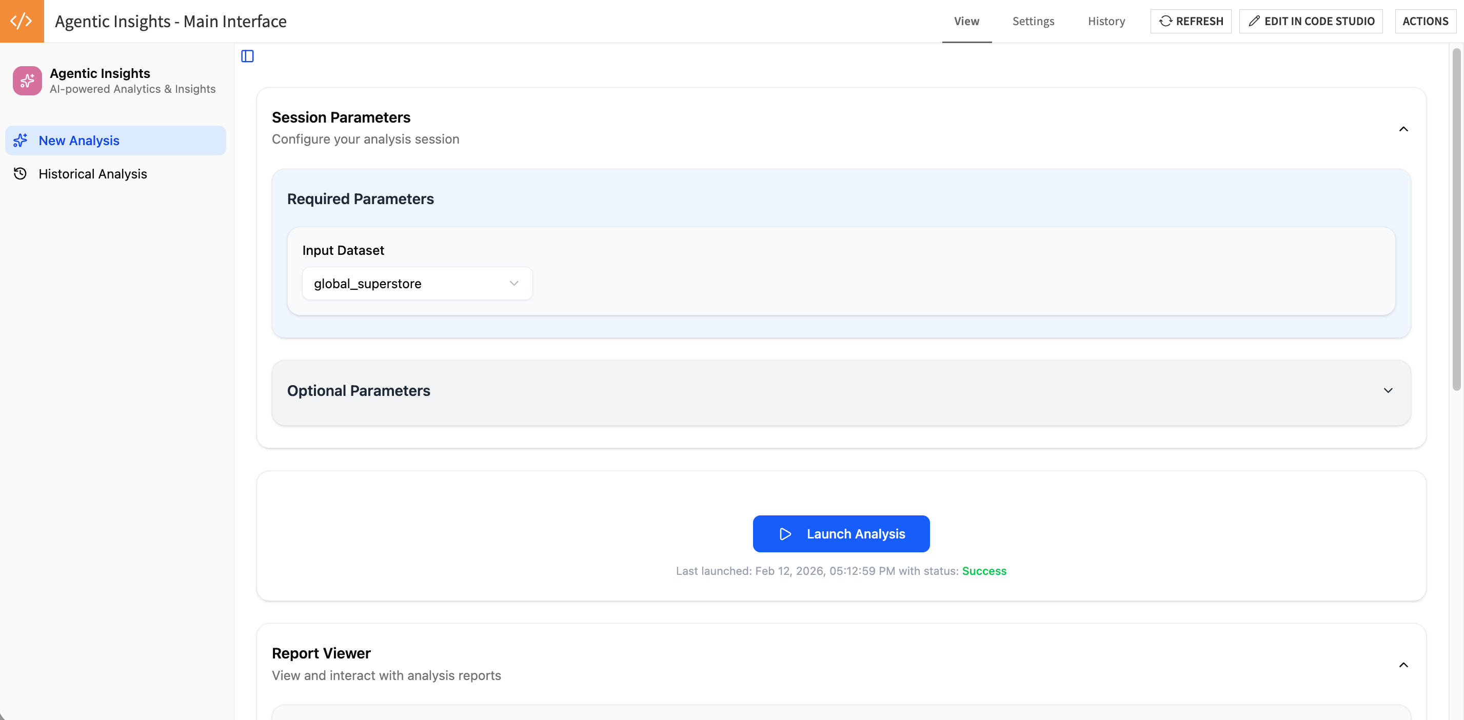 Dataiku screenshot of the Agentic Insights webapp.