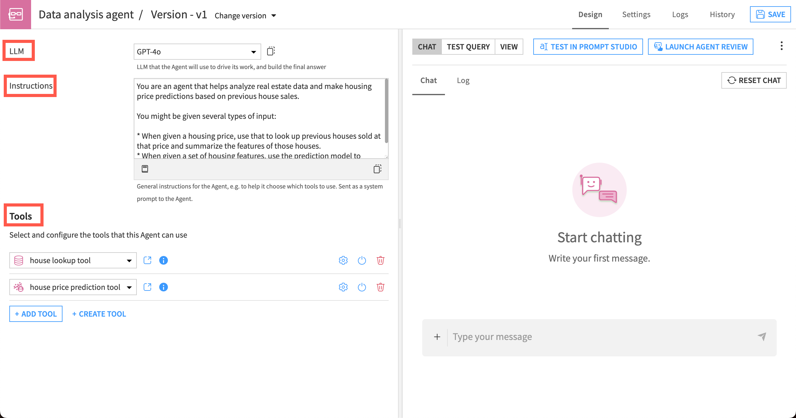 Dataiku screenshot showing an agent design page.
