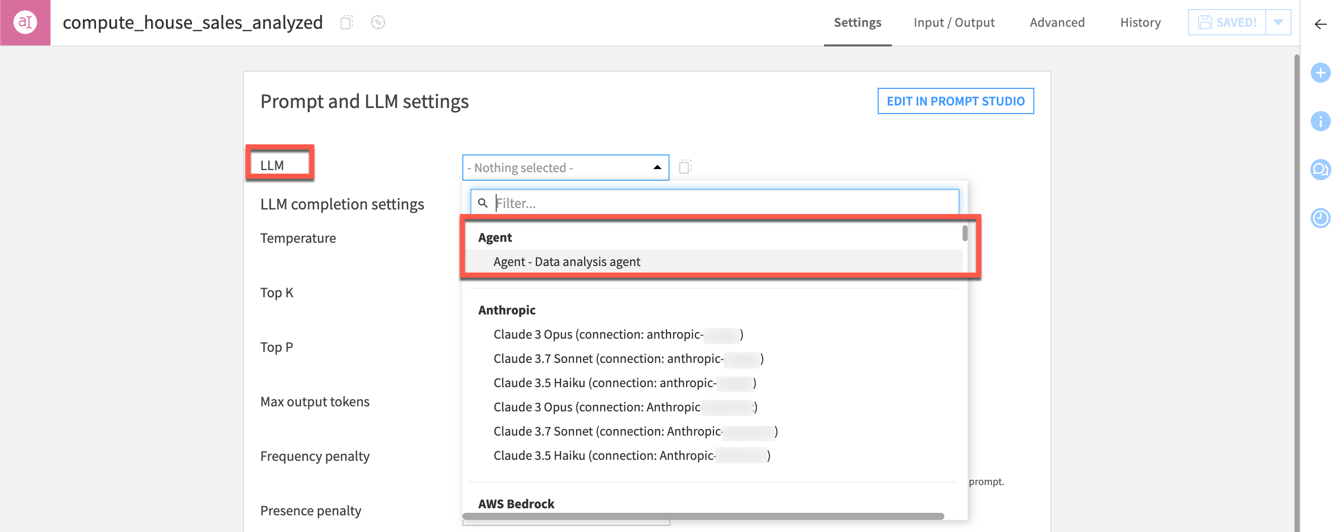 Connecting to an agent in the Prompt recipe via the LLM Mesh.