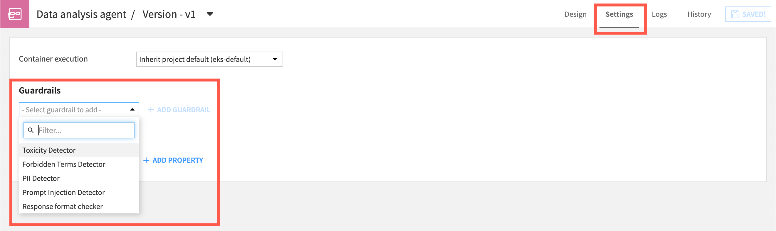 Screenshot showing the guardrails in an agent.
