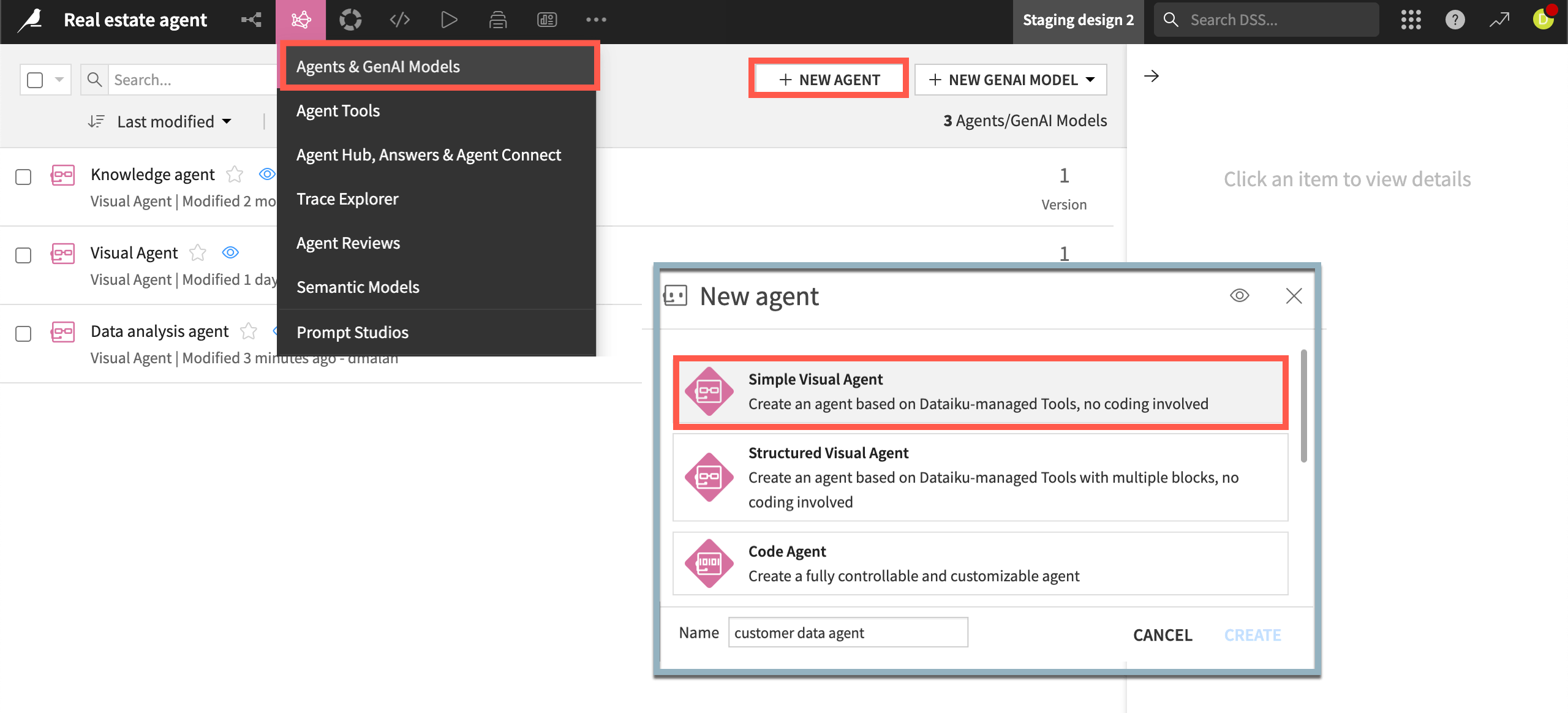Dataiku screenshot showing how to create a new Simple Visual Agent.