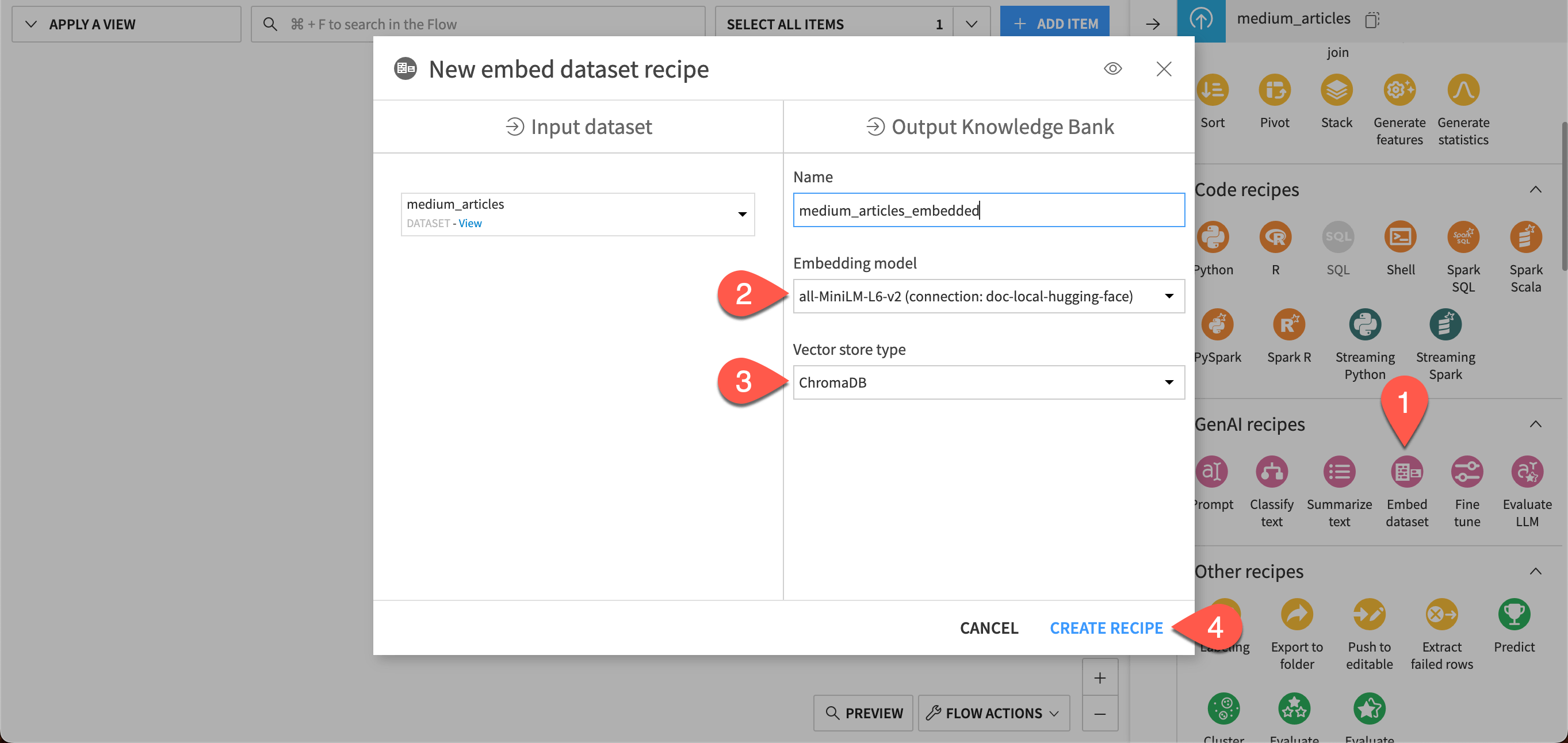 Screenshot showing the steps to set up an Embed dataset recipe.