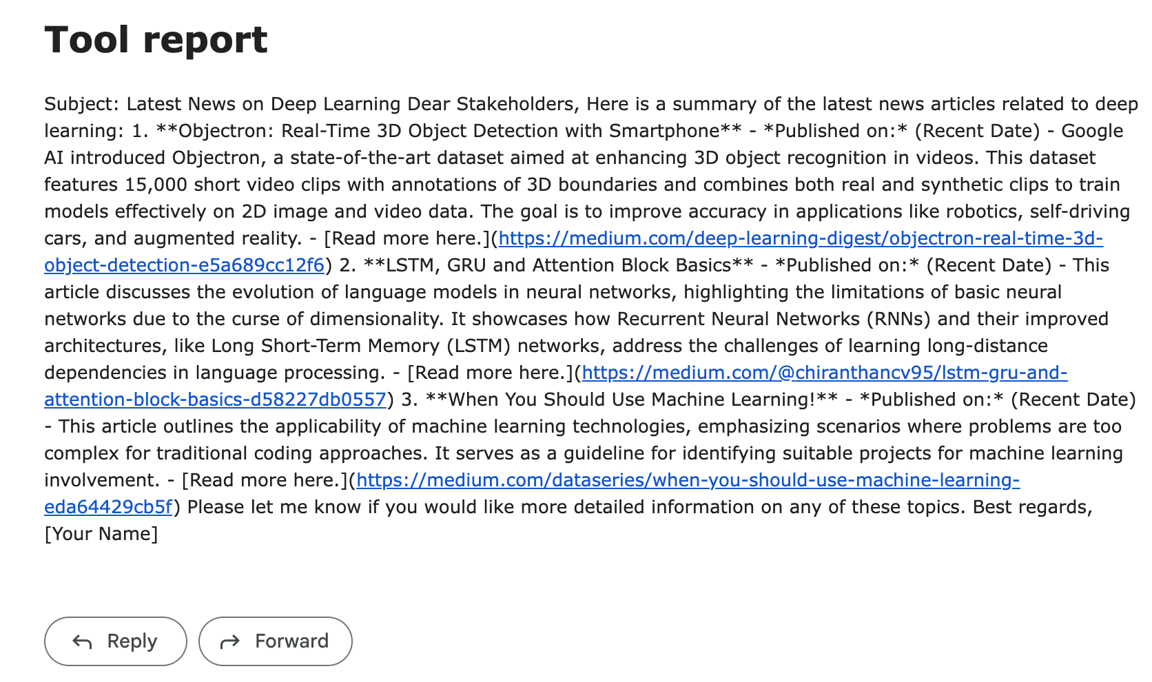 The message sent from the agent quick test.