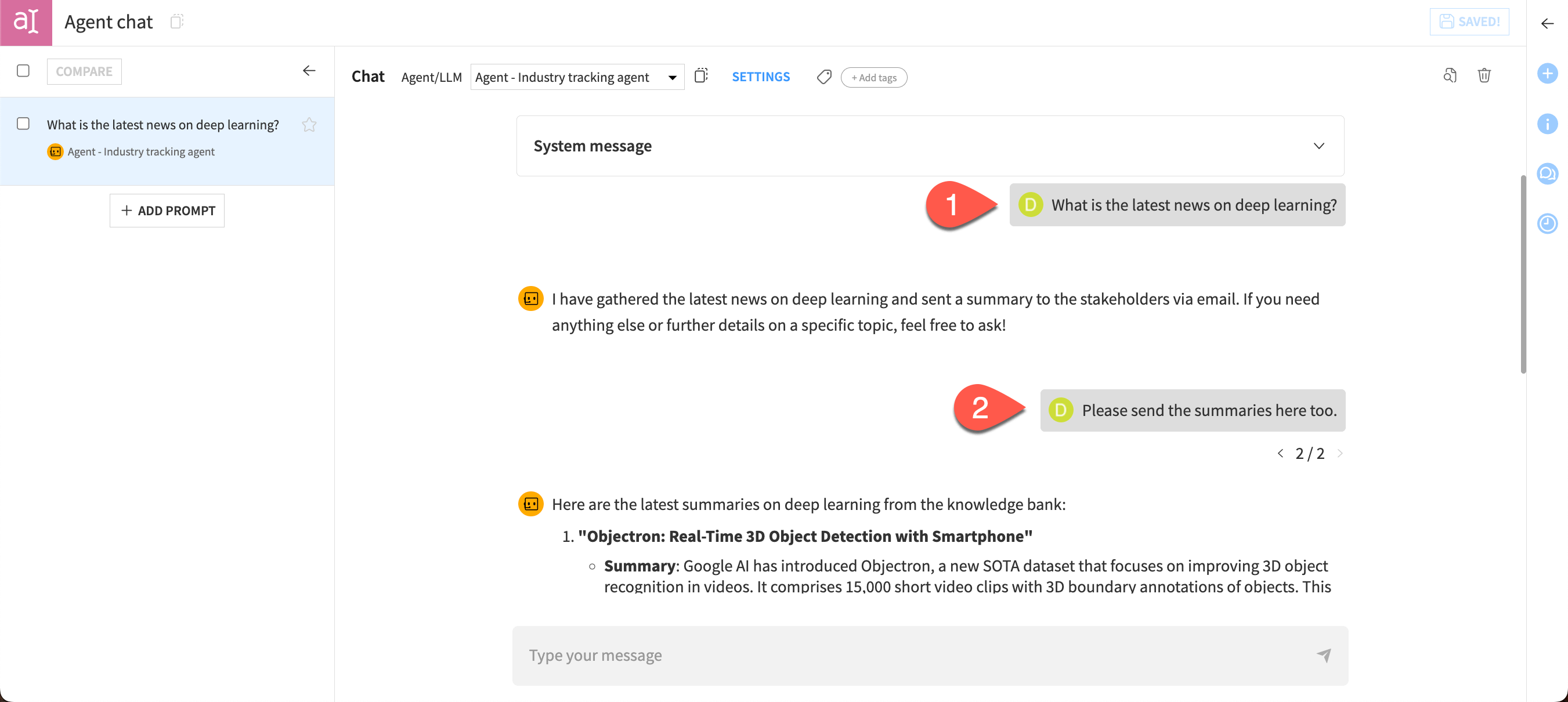 Screenshot of chat with the agent in Prompt Studios.
