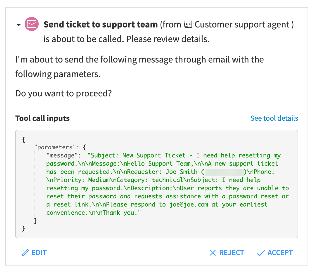 Dataiku screenshot of the tool validation request from an agent.