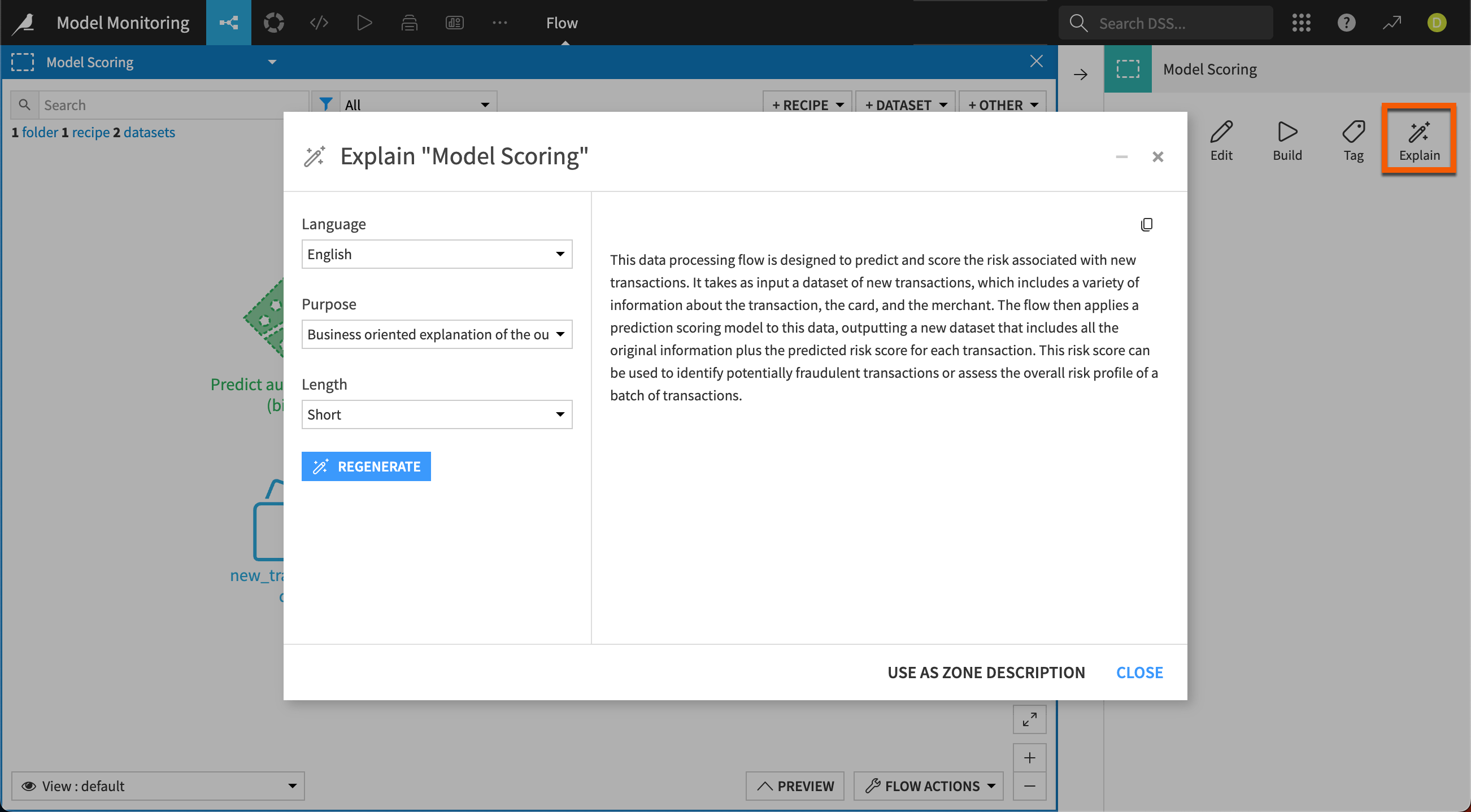 The Explain Flow feature generates a narrative explanation of the steps in your Flow.