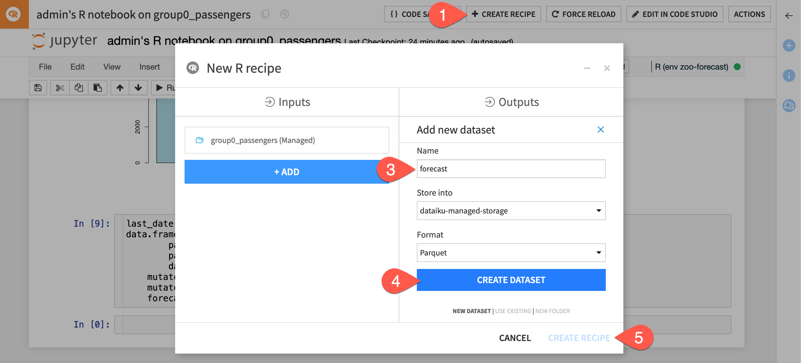 Dataiku screenshot of the dialog for creating an R recipe.