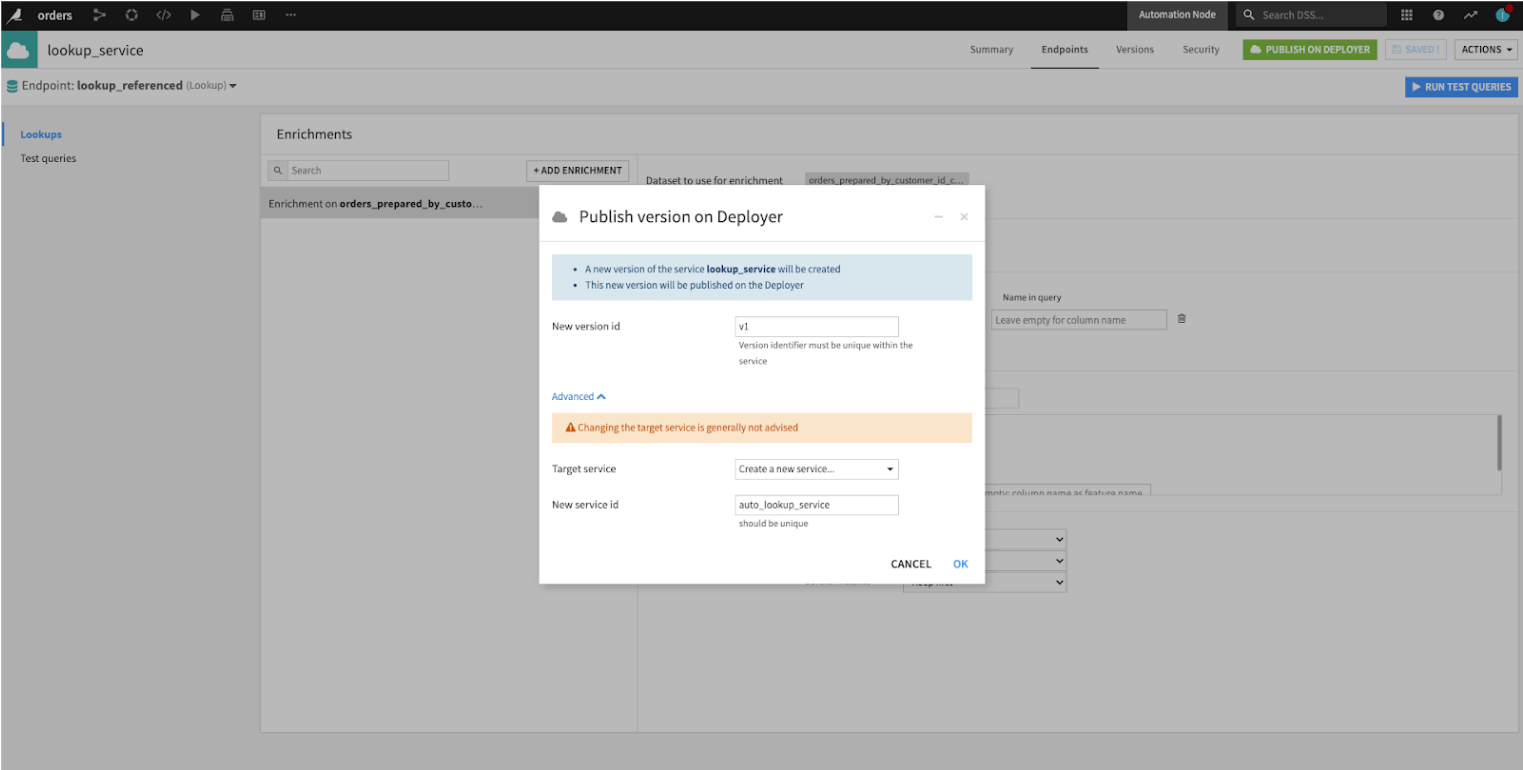 Dataiku screenshot of overriding name of target service.