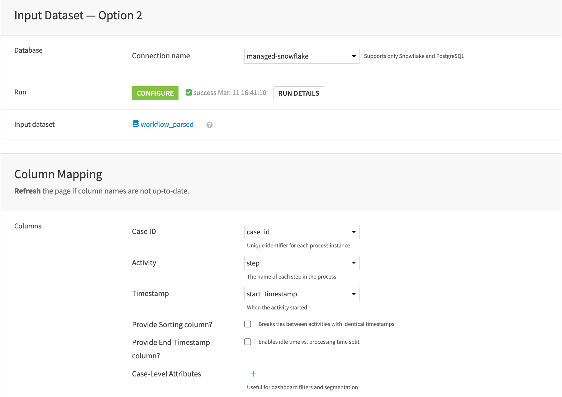Dataiku screenshot of the Process Mining configuration interface.