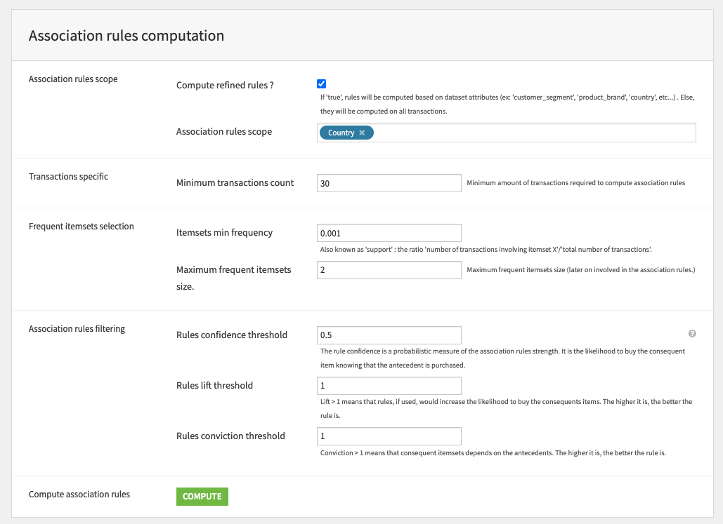 Dataiku screenshot of part of the Dataiku app for Market Basket Analysis