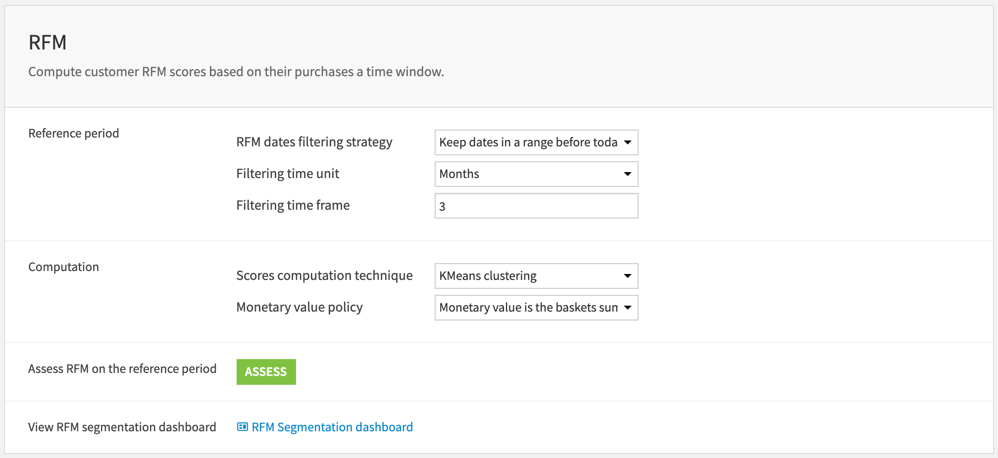 Dataiku screenshot of part of the project setup for RFM segmentation