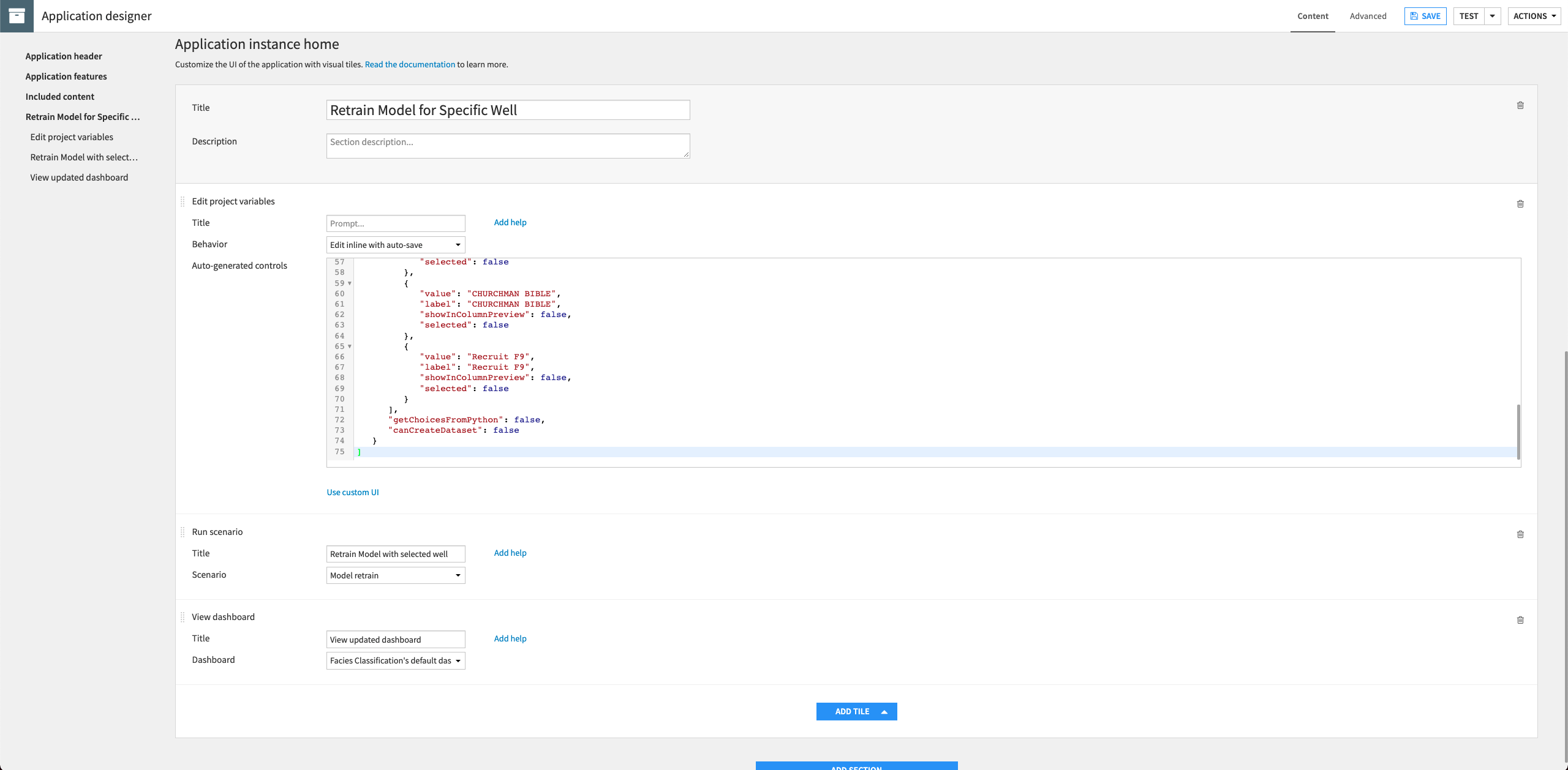 Add three tiles to the section in the application designer.