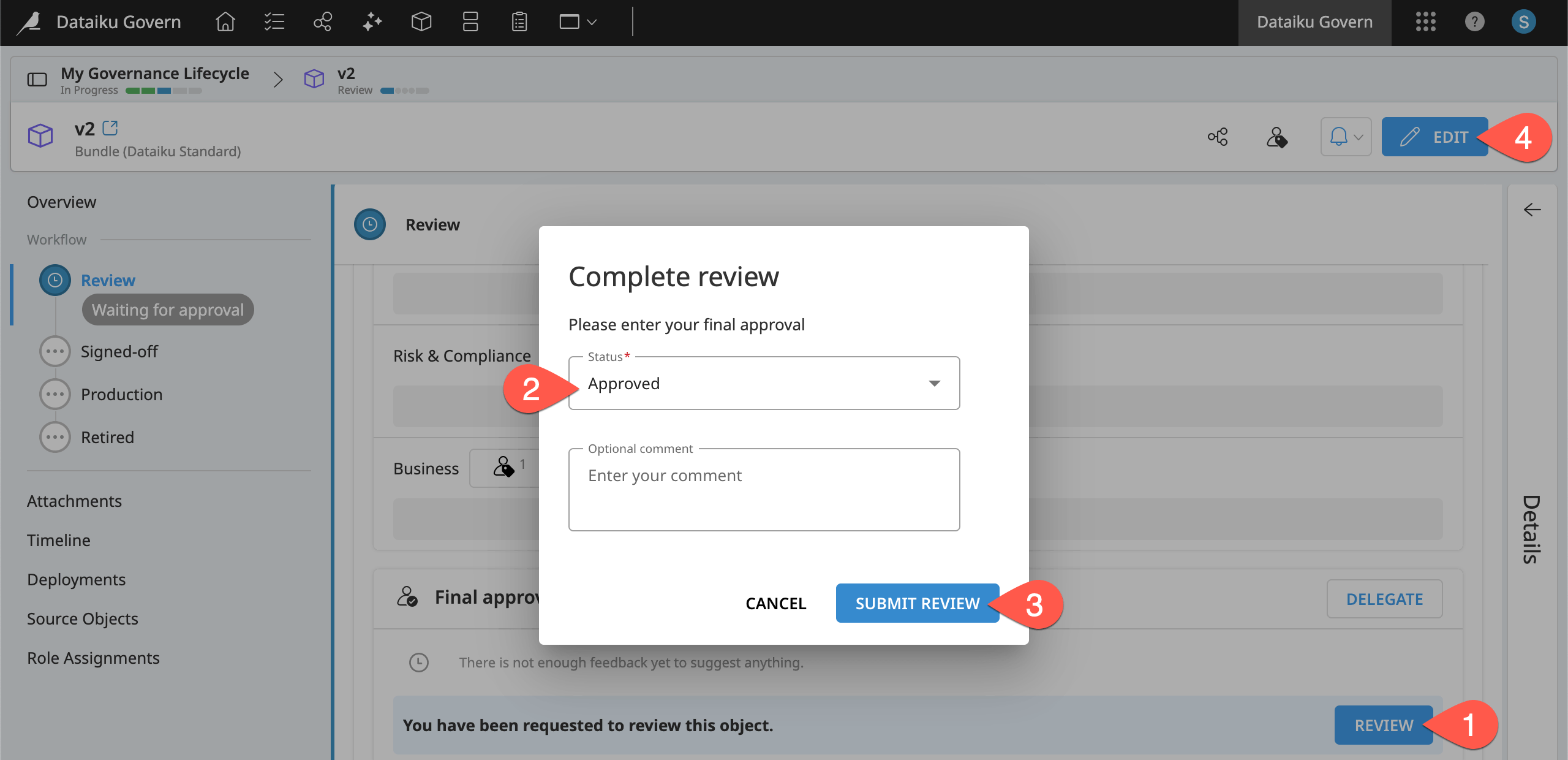 Dataiku screenshot of an approved bundle in the Signed-off step.