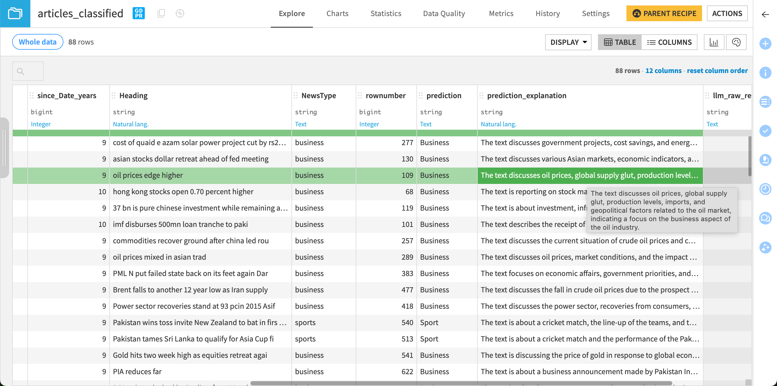 Screenshot of the LLM prediction with explanation of class selection.