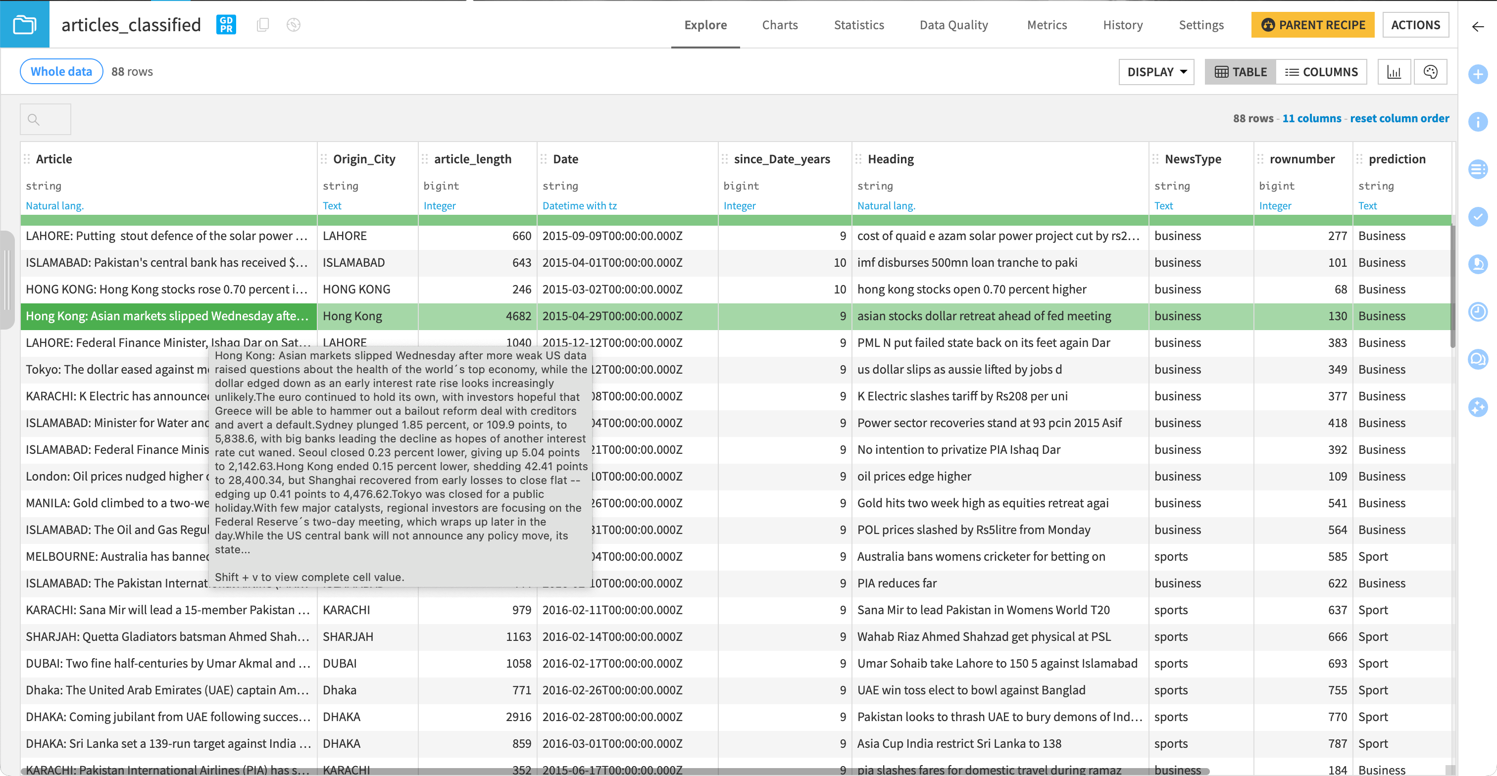Screenshot of the output dataset.