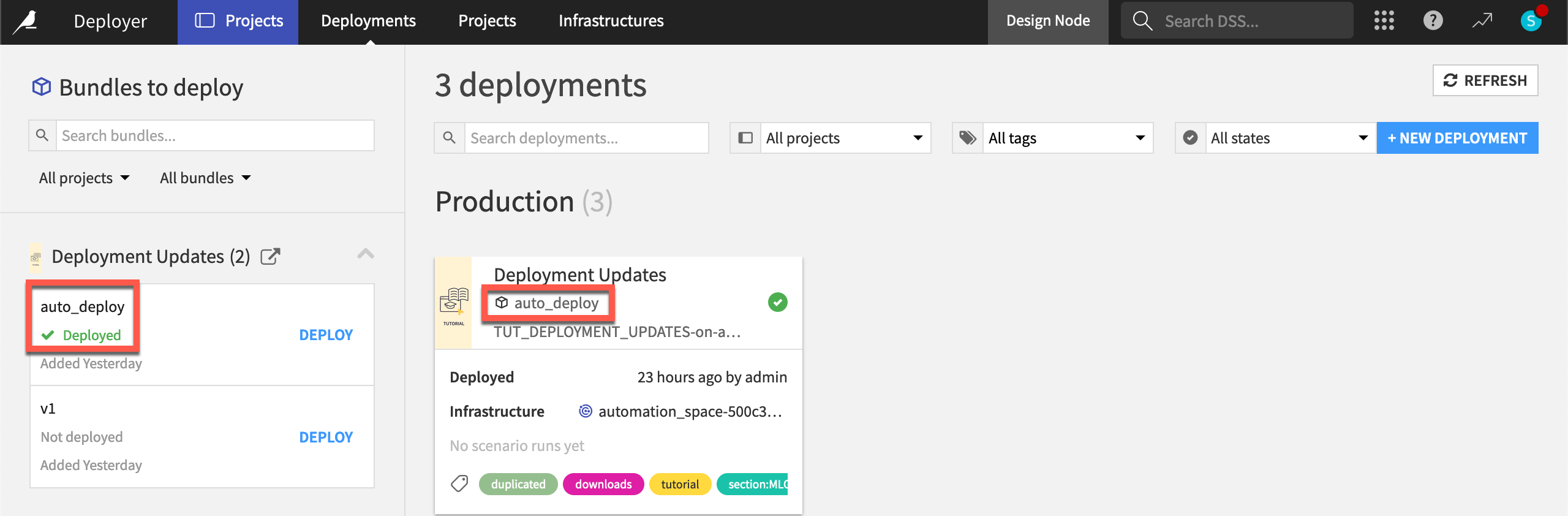 Dataiku screenshot of the Project Deployer showing the new bundle deployed.