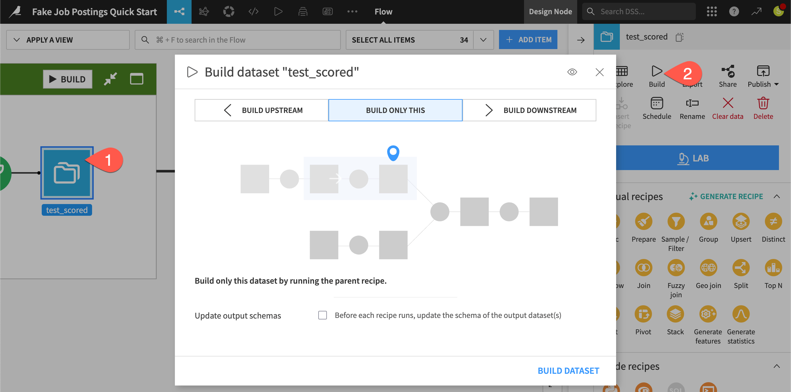 Dataiku screenshot of the build mode dialog.